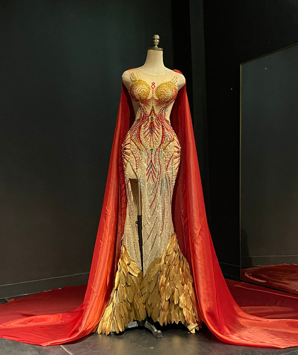 Red and Gold Crystal Cape Evening Gown