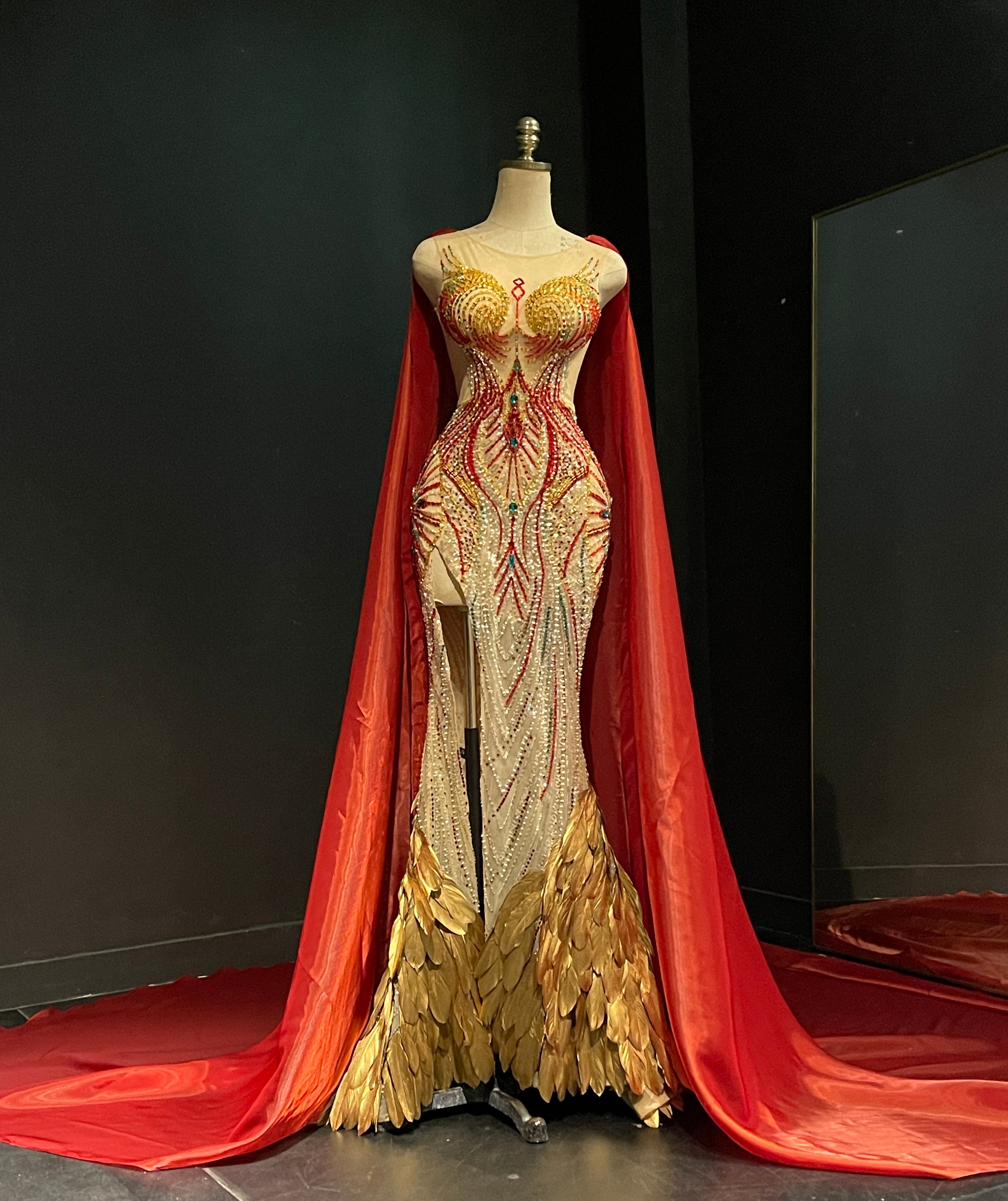 Red and Gold Crystal Cape Evening Gown