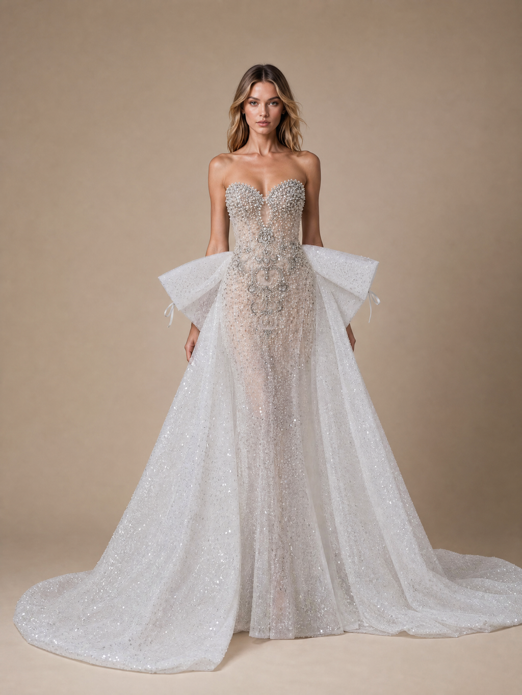 Silver White Beaded Tulle Train Evening Gown