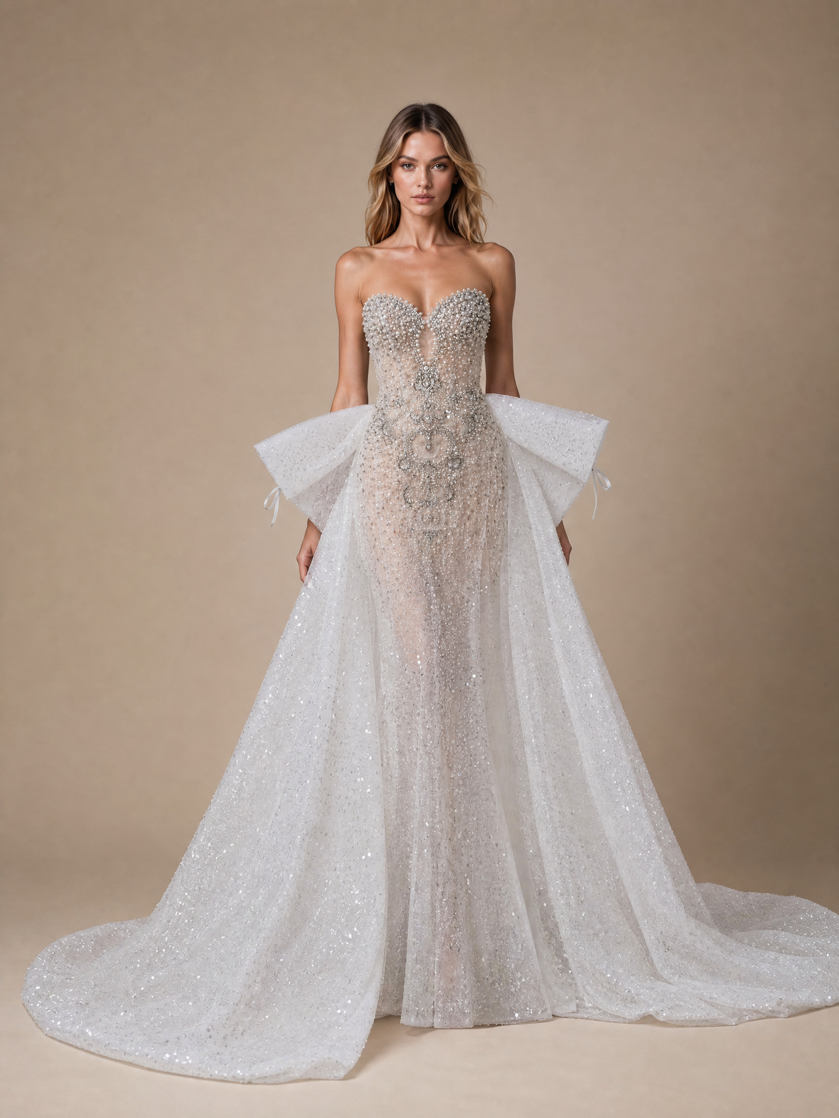 Silver White Beaded Tulle Train Evening Gown