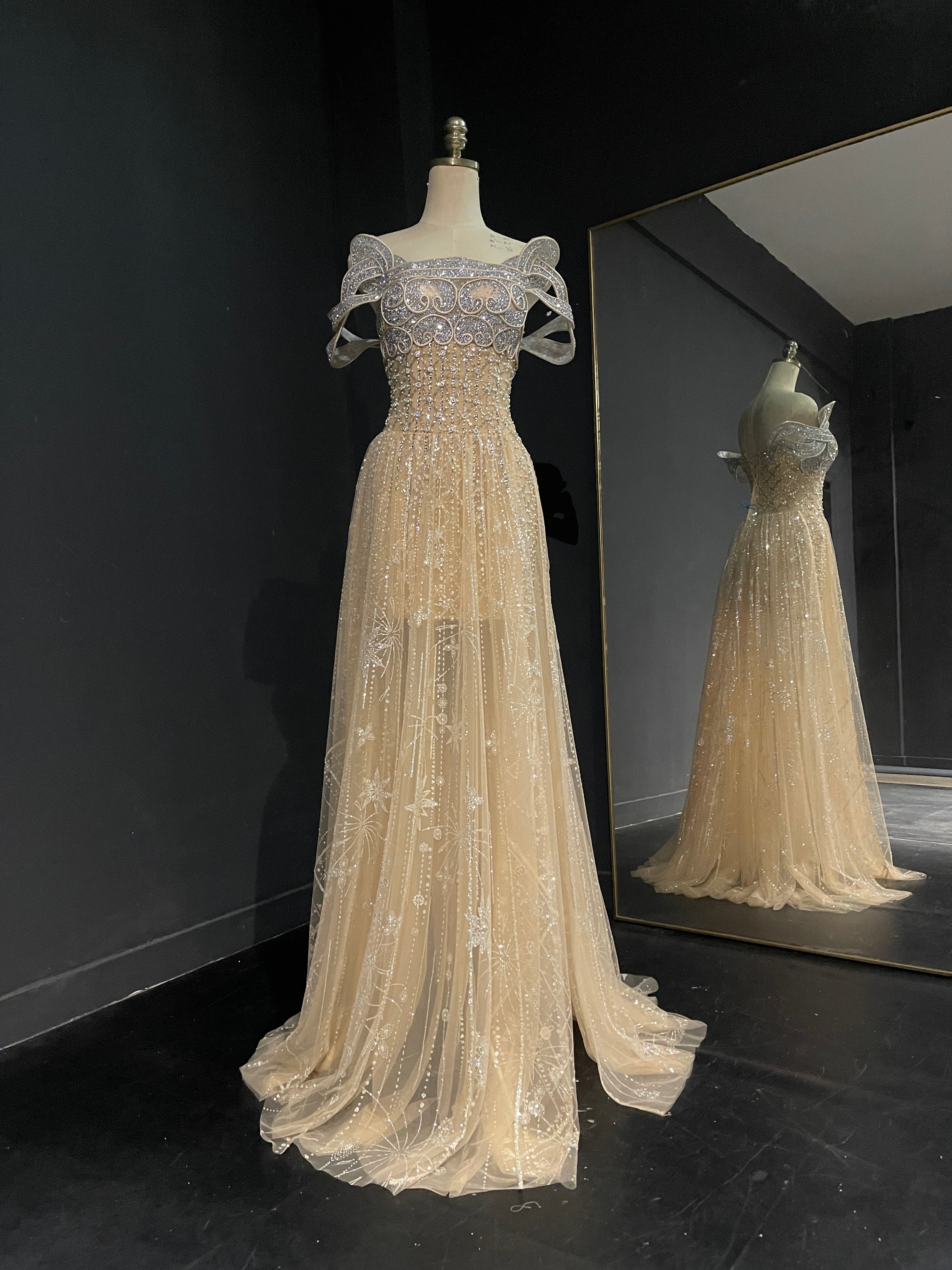 Champagne Gold Beaded Bow Evening Gown