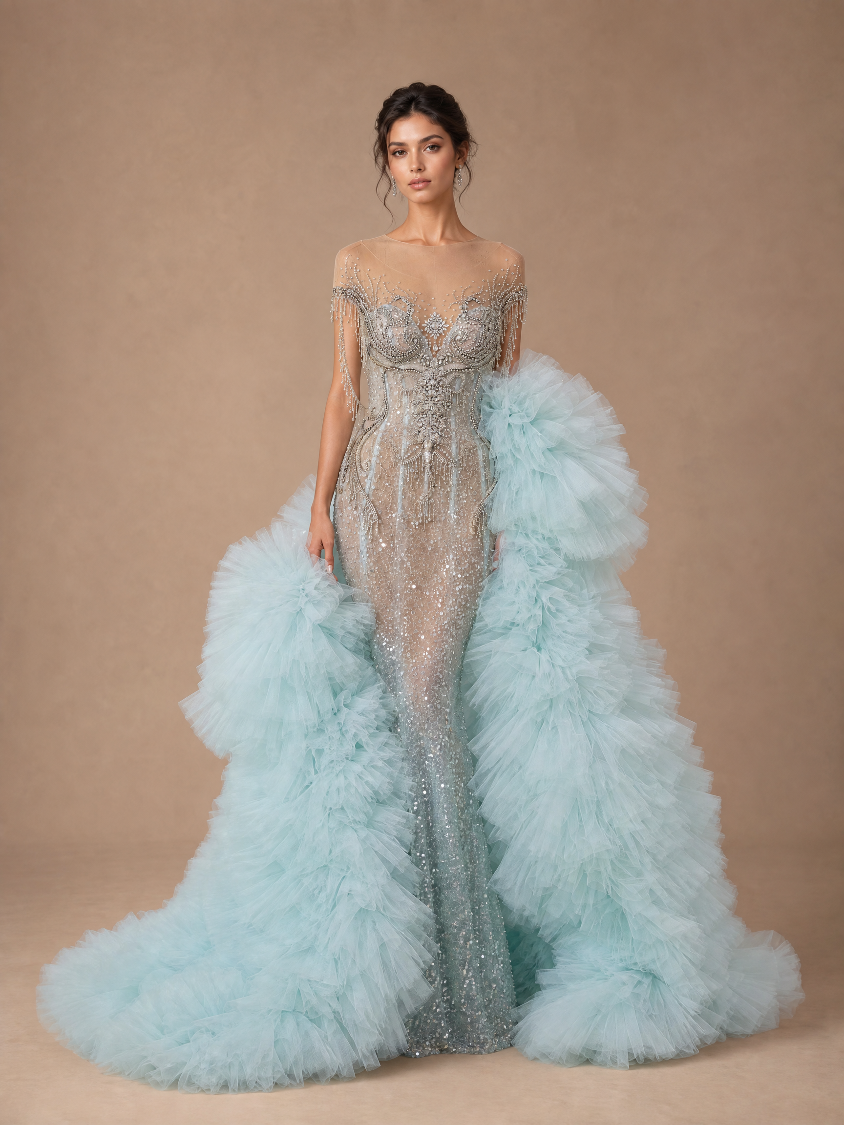 Ice Blue Crystal Gown with Ruffled Overskirt