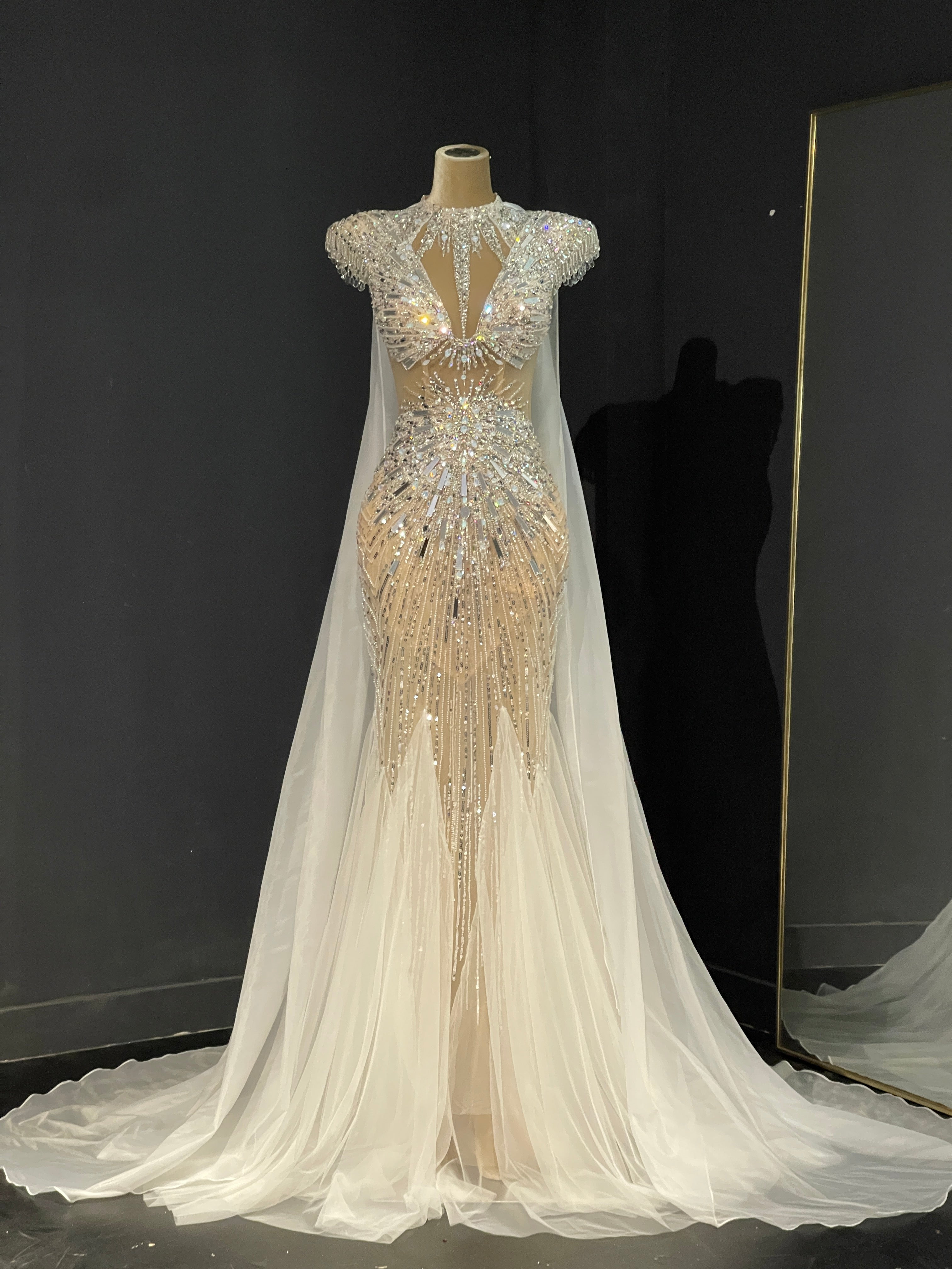 Ivory Crystal Feather-Shoulder Pageant Gown
