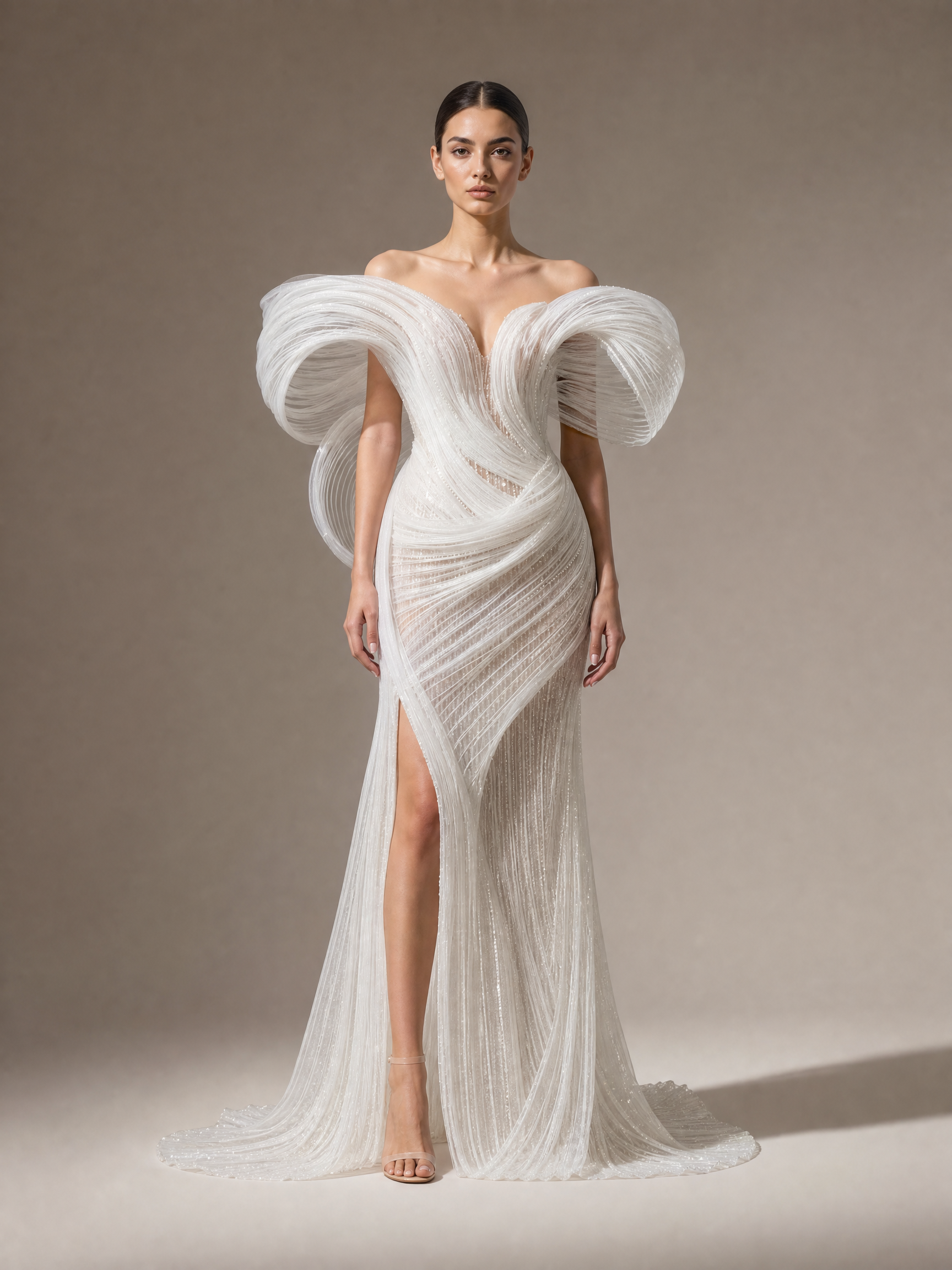 White Sculptural Bow Evening Gown