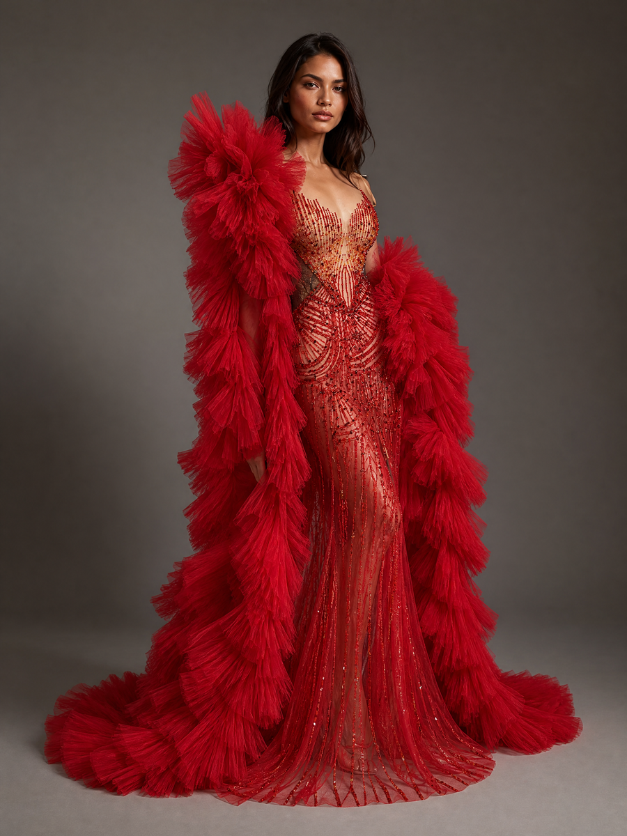Red Feather Evening Gown