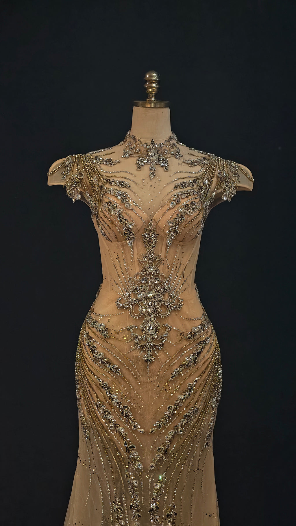 Champagne Rose Mermaid Crystal Train Evening Gown