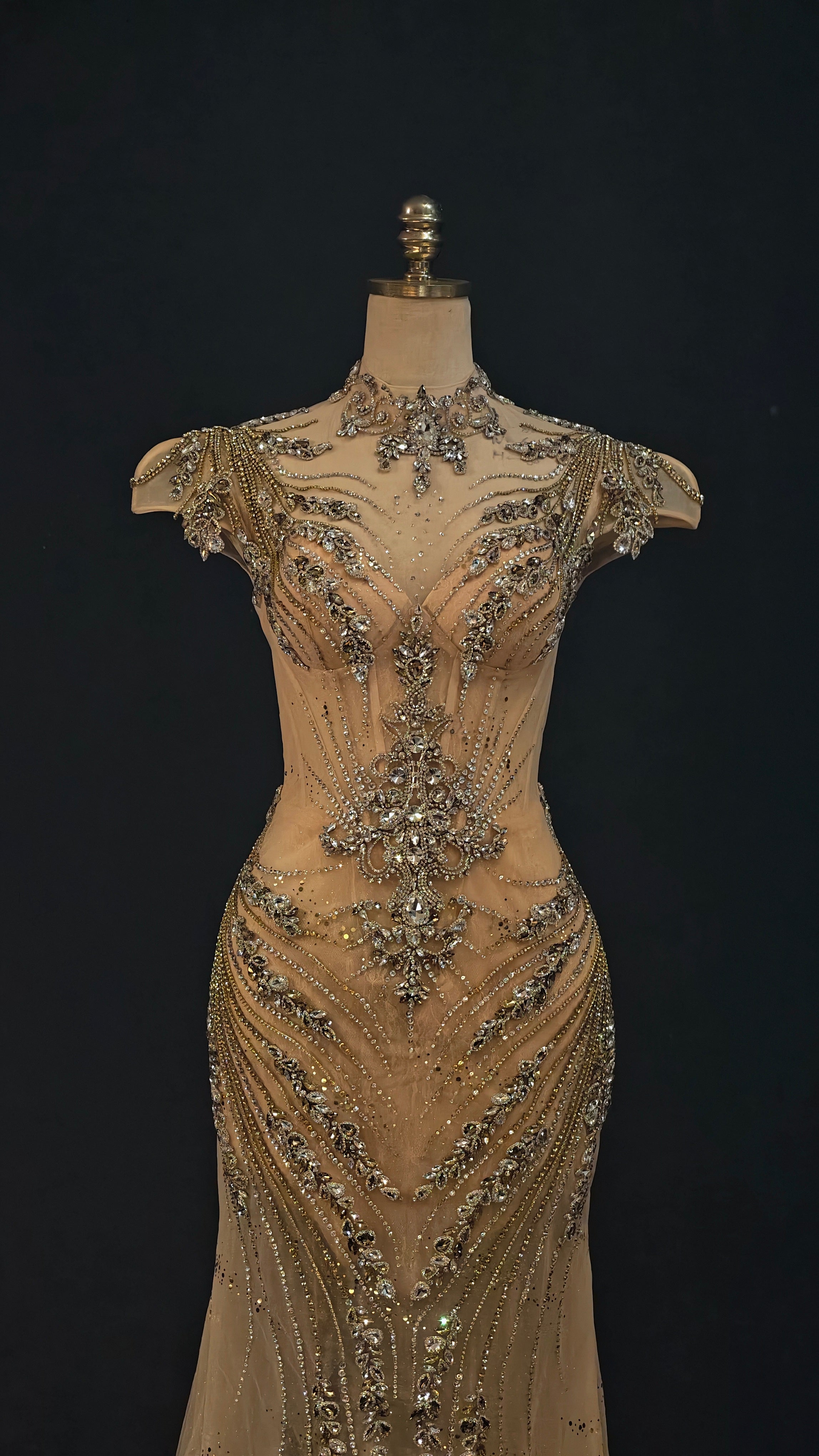 Champagne Rose Mermaid Crystal Train Evening Gown