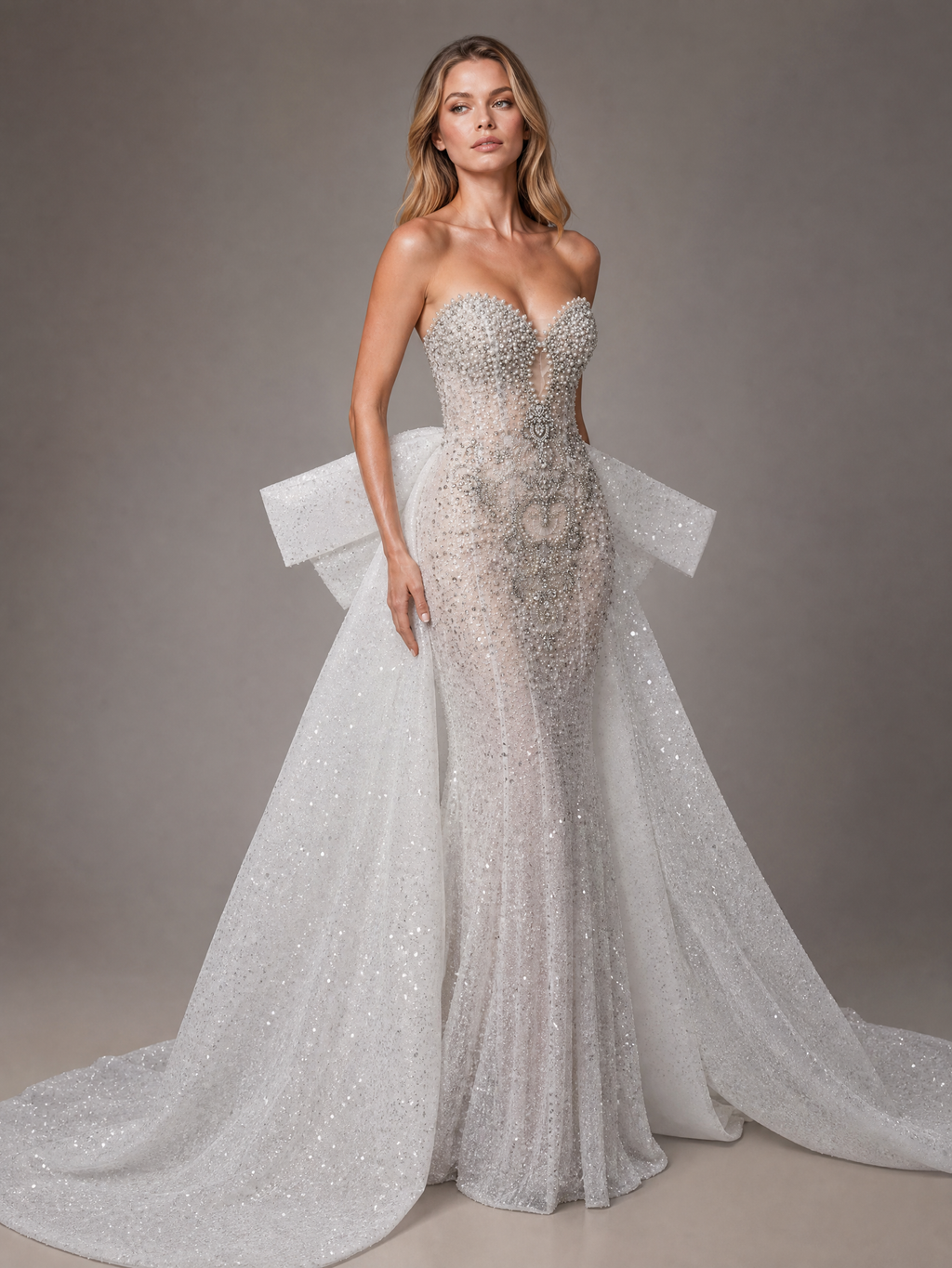 Silver White Beaded Tulle Train Evening Gown