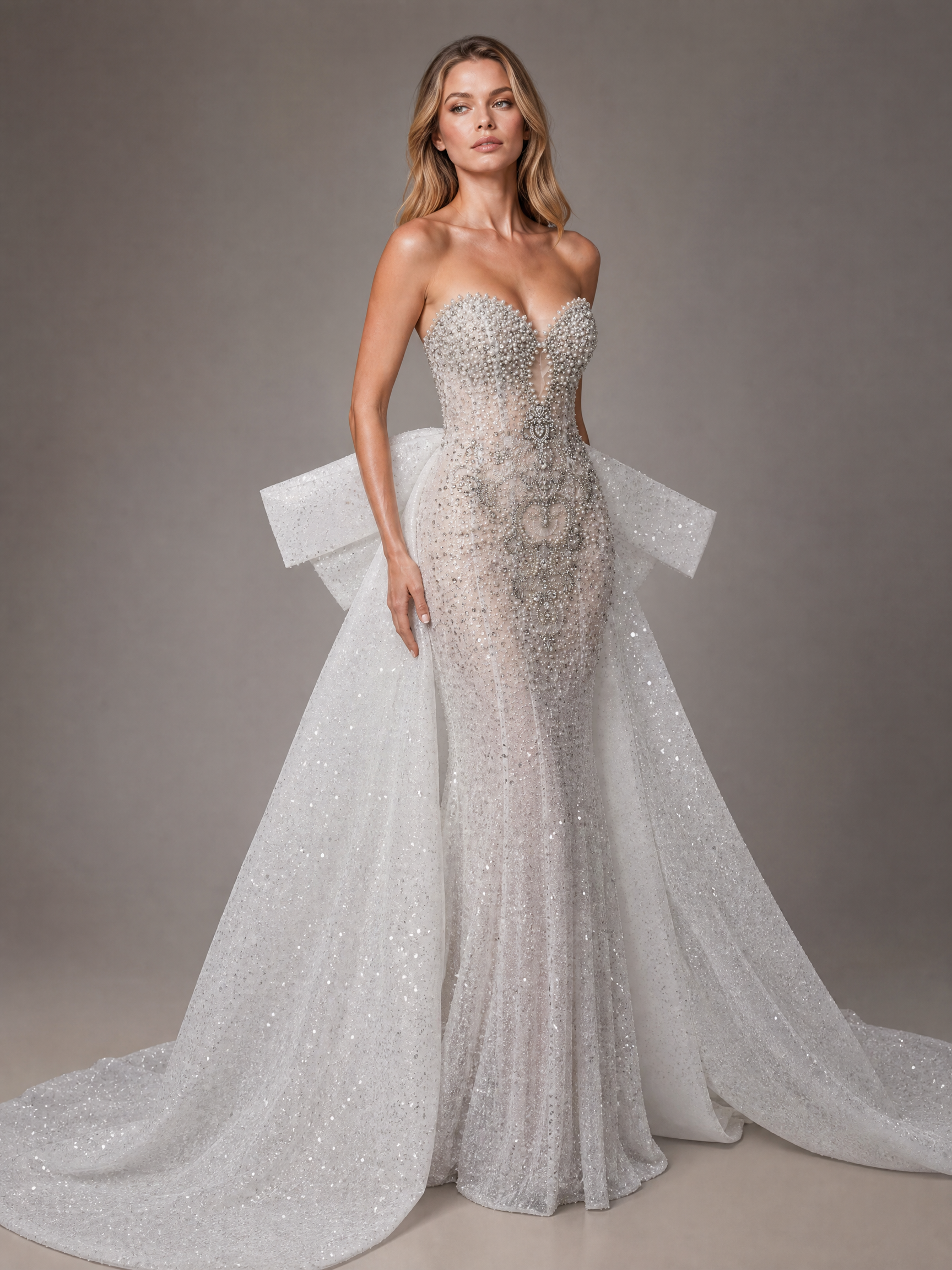 Silver White Beaded Tulle Train Evening Gown