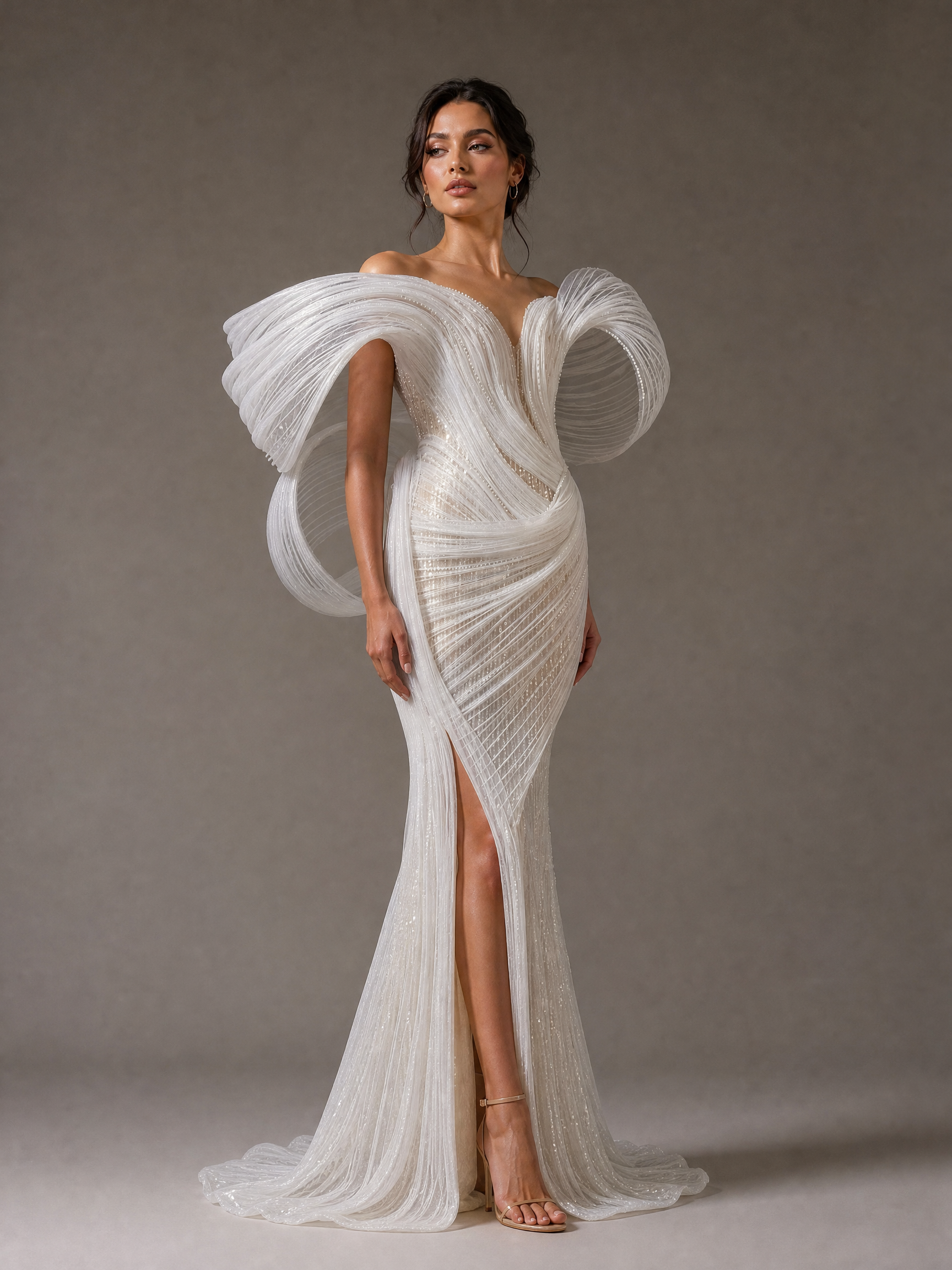 White Sculptural Bow Evening Gown