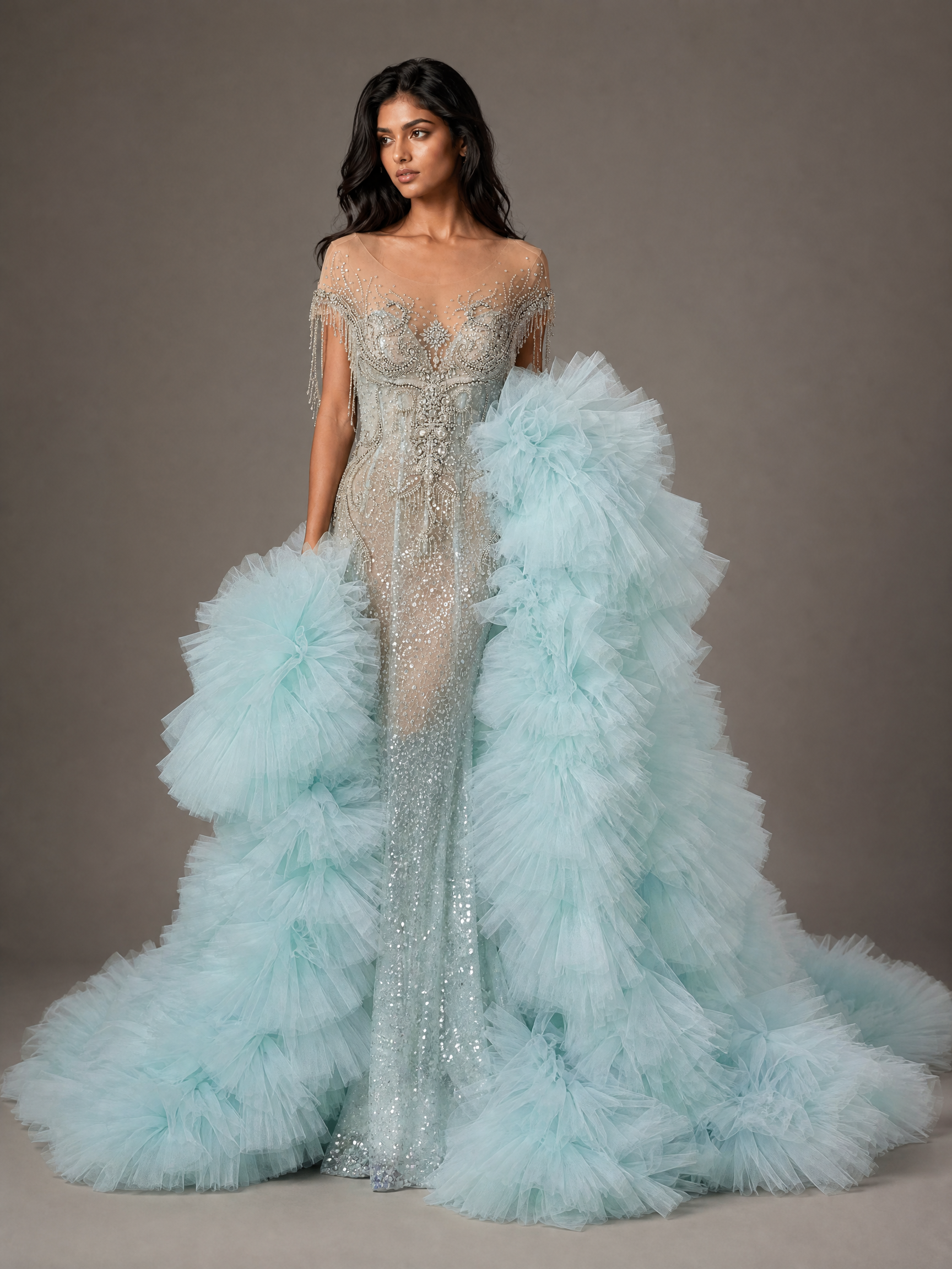Ice Blue Crystal Gown with Ruffled Overskirt