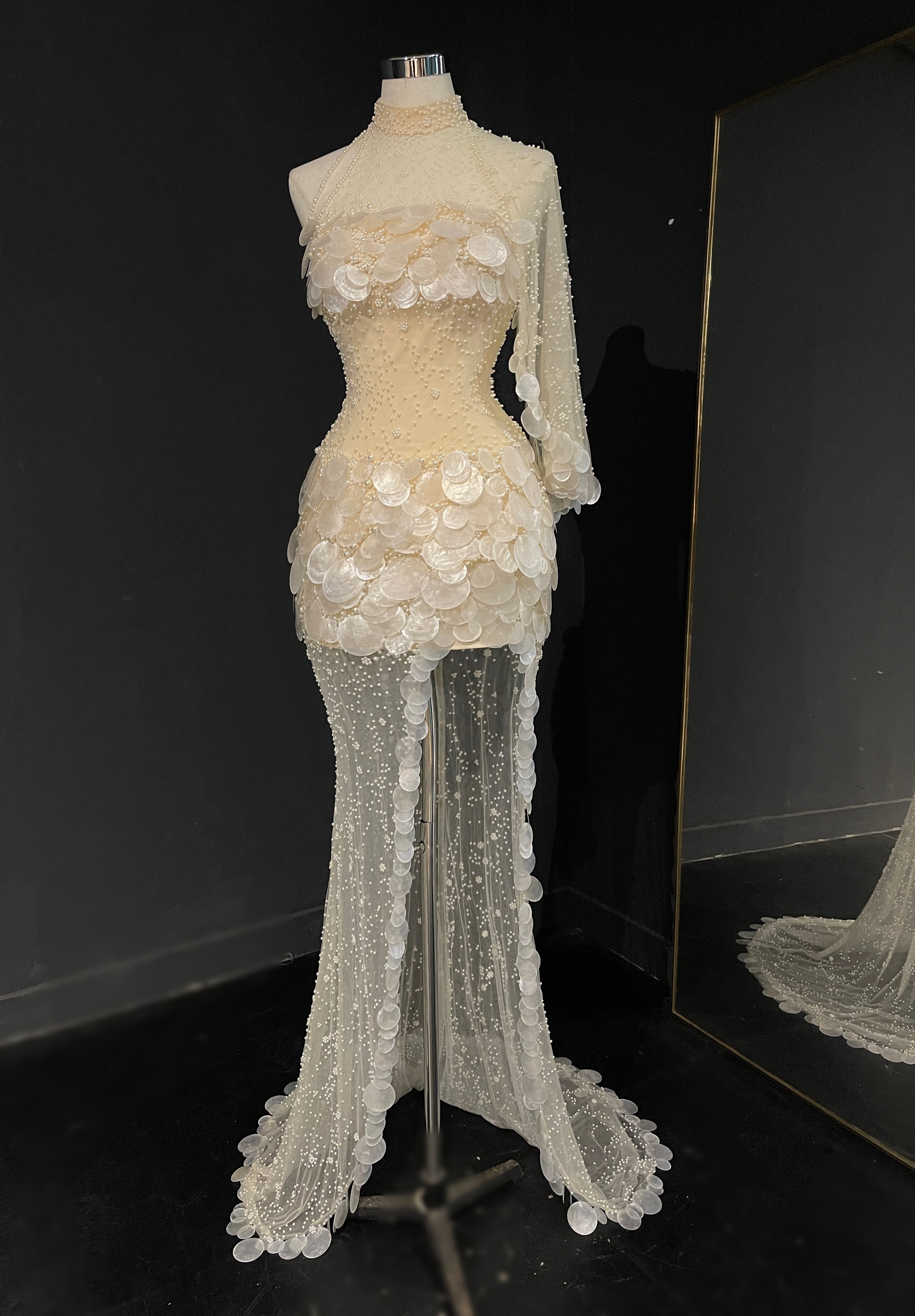 Silver White Floral Beaded High-Neck Evening Gown