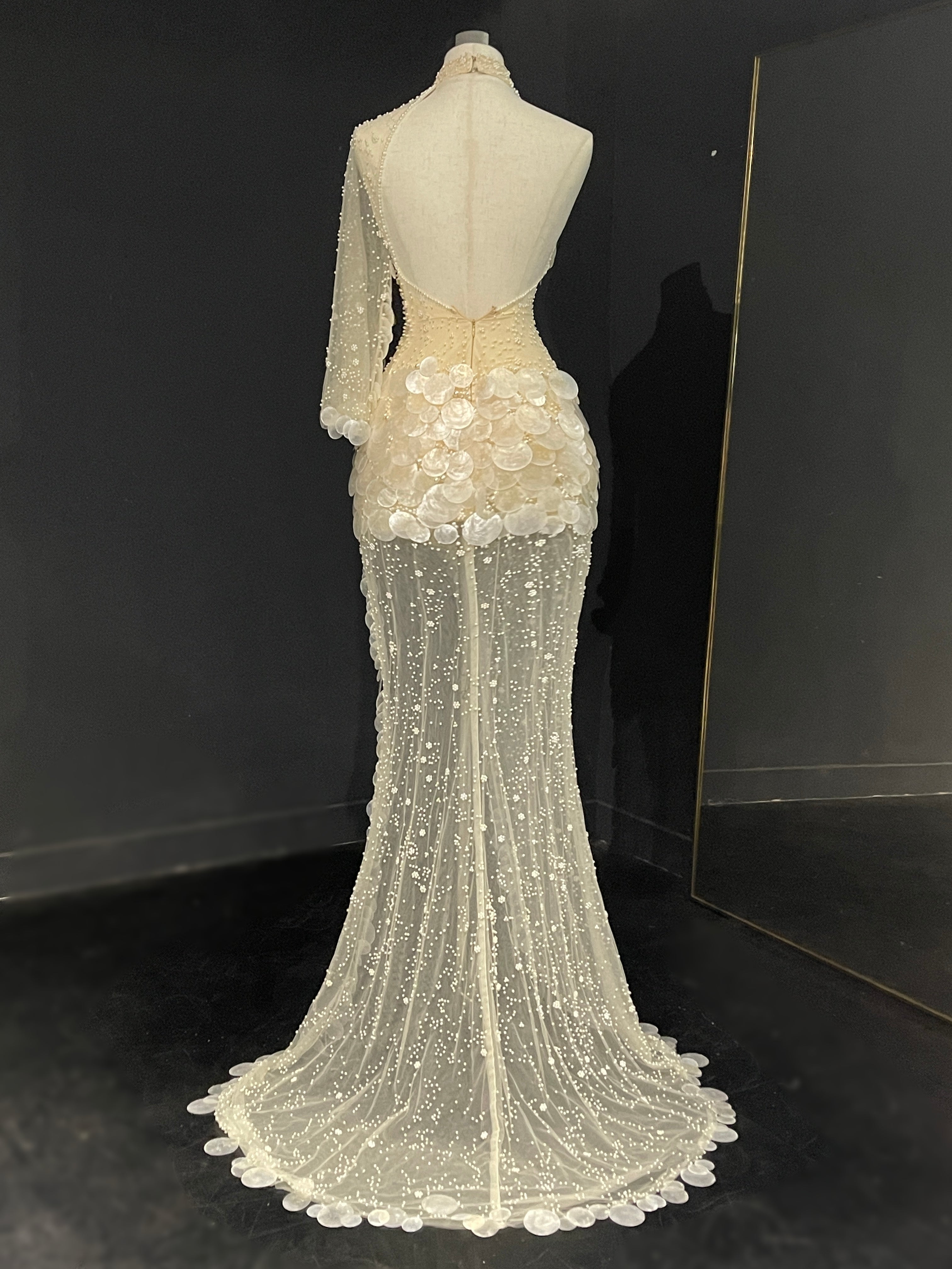 Silver White Floral Beaded High-Neck Evening Gown