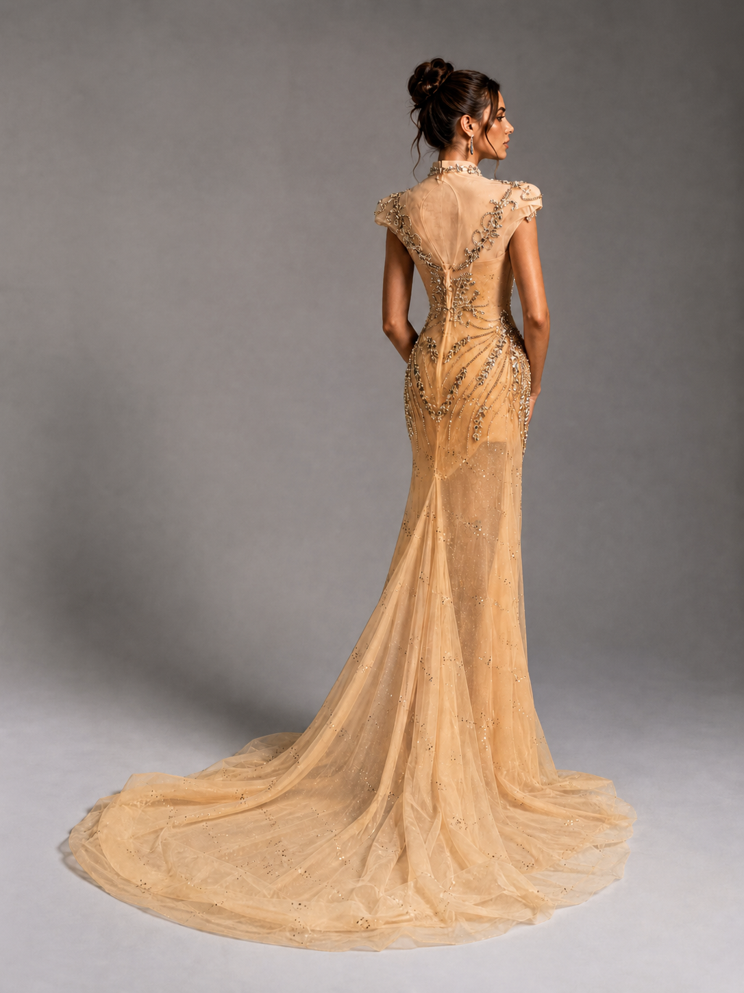 Champagne Rose Mermaid Crystal Train Evening Gown