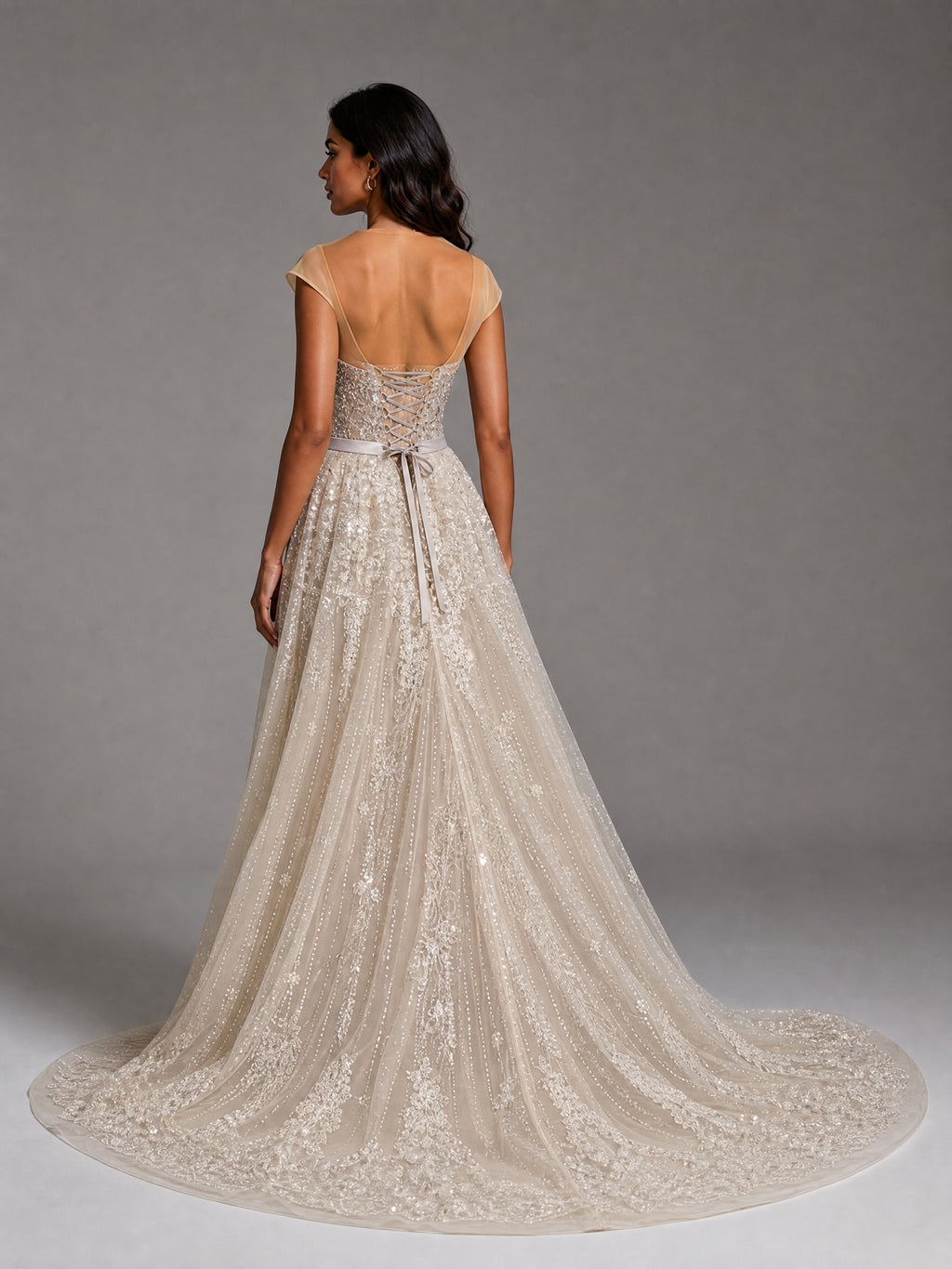 Ivory Silver Embellished Train Evening Gown