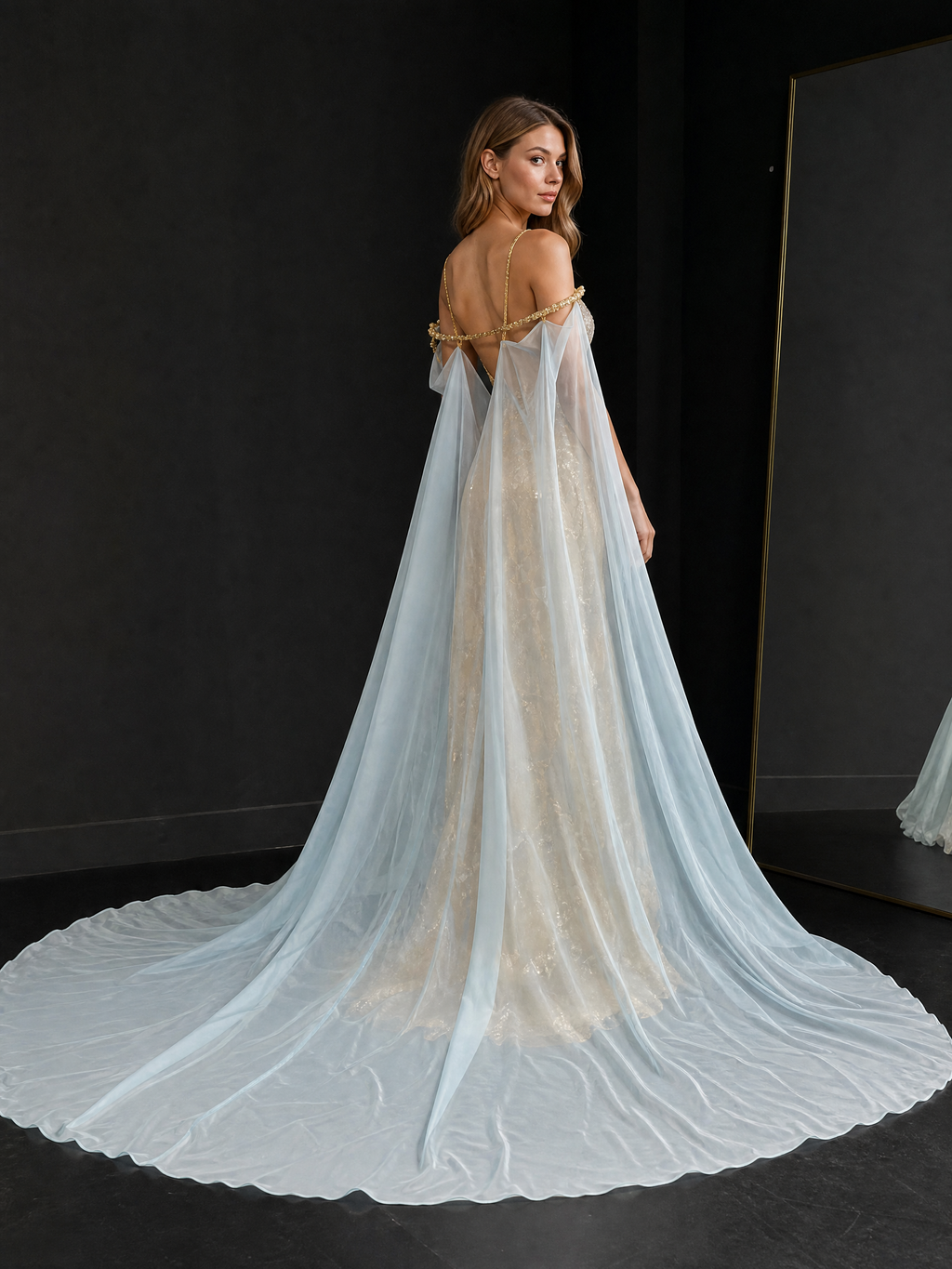 Champagne Gold Cape Floral Pageant Gown
