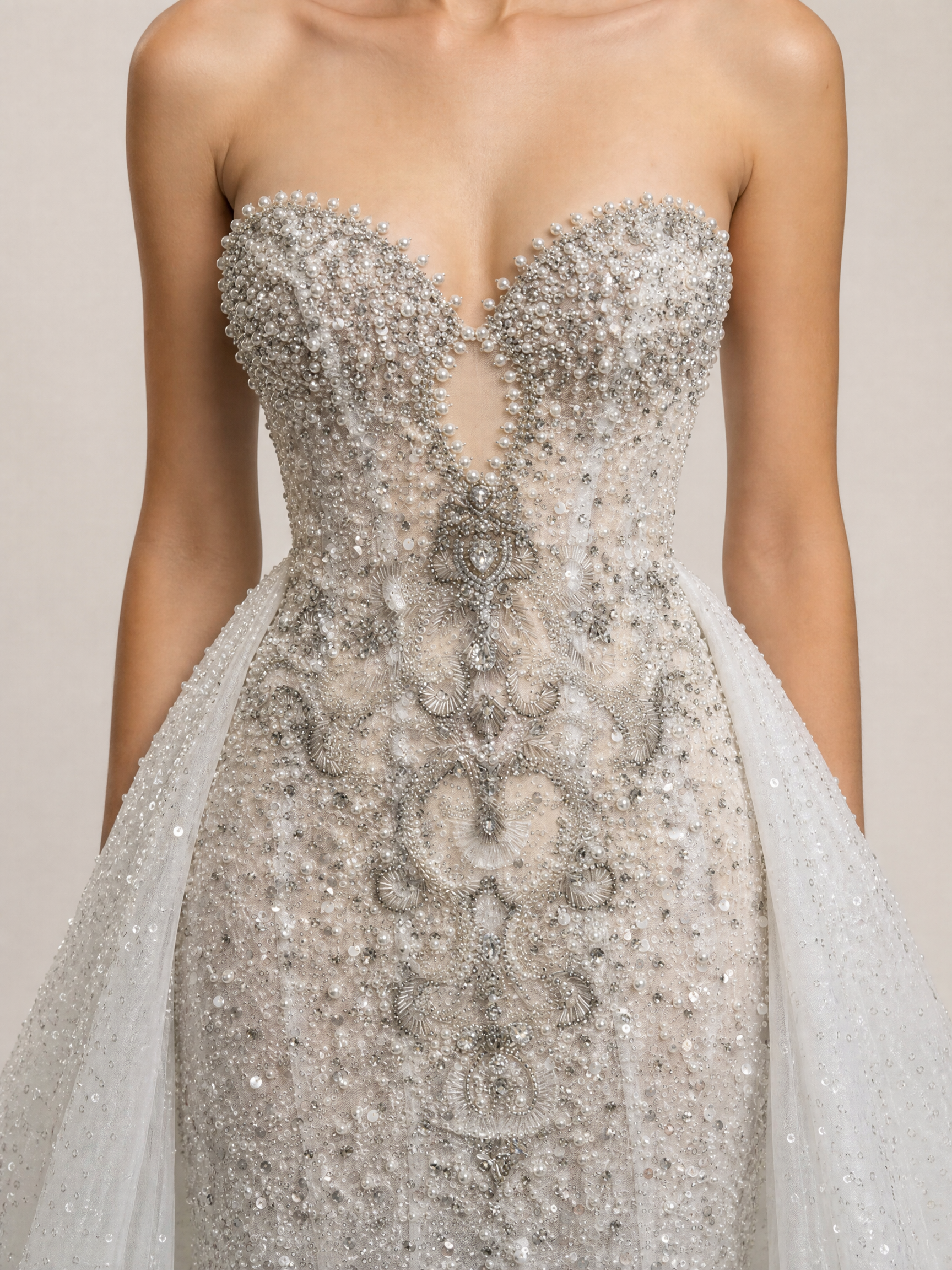 Silver White Beaded Tulle Train Evening Gown