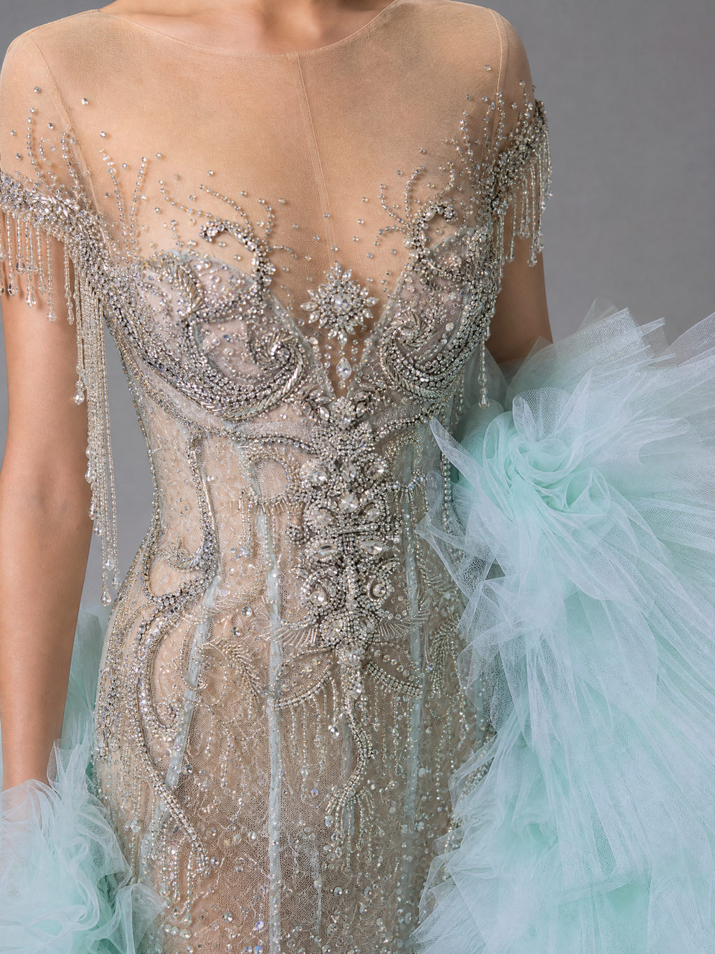 Ice Blue Crystal Gown with Ruffled Overskirt