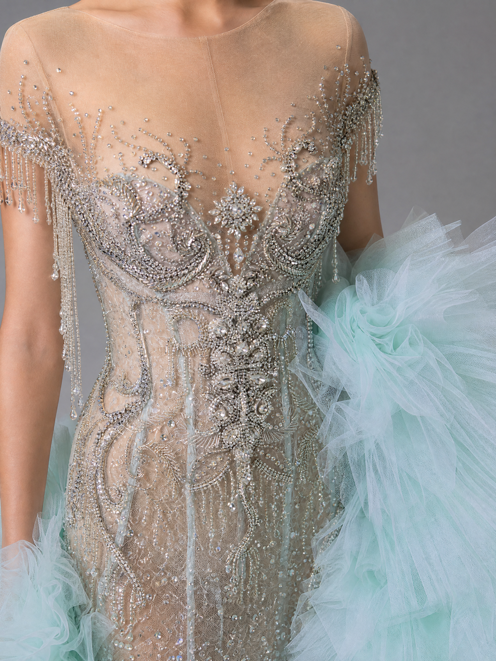 Ice Blue Crystal Gown with Ruffled Overskirt