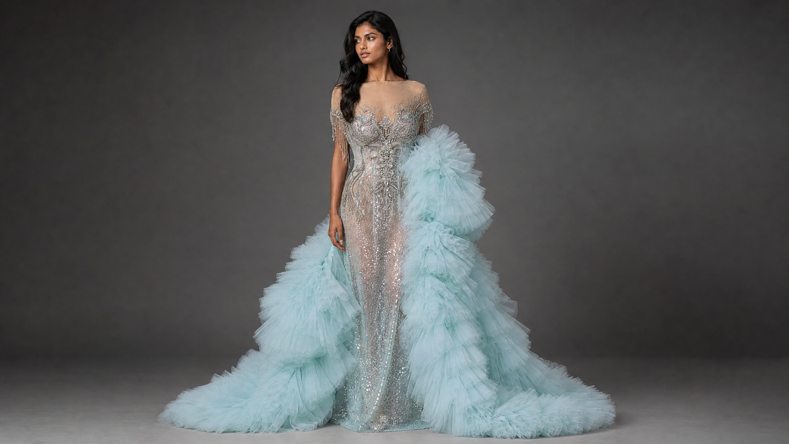 Ice Blue Crystal Gown with Ruffled Overskirt