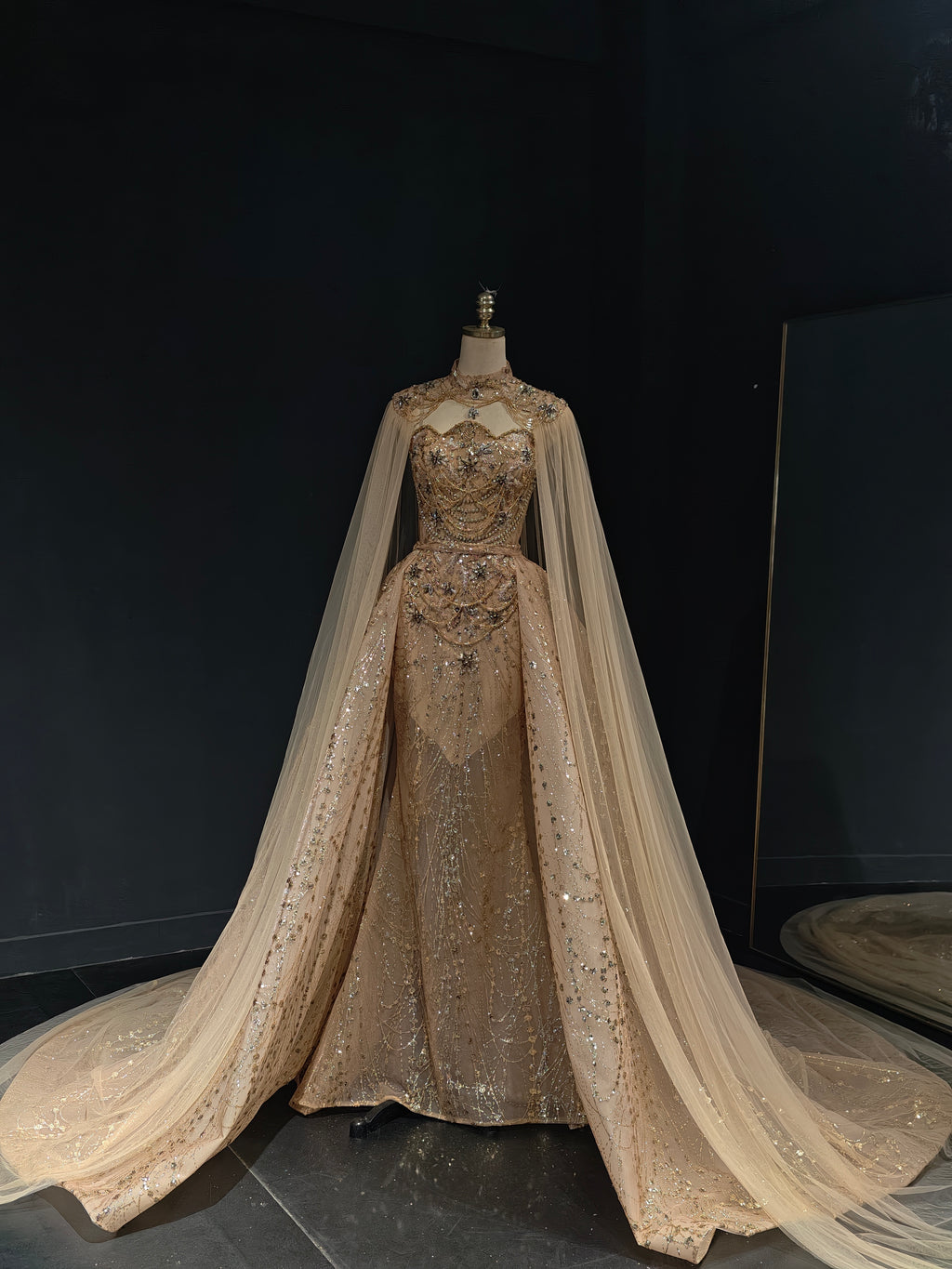 Champagne Gold Crystal Cape and Train Evening Gown