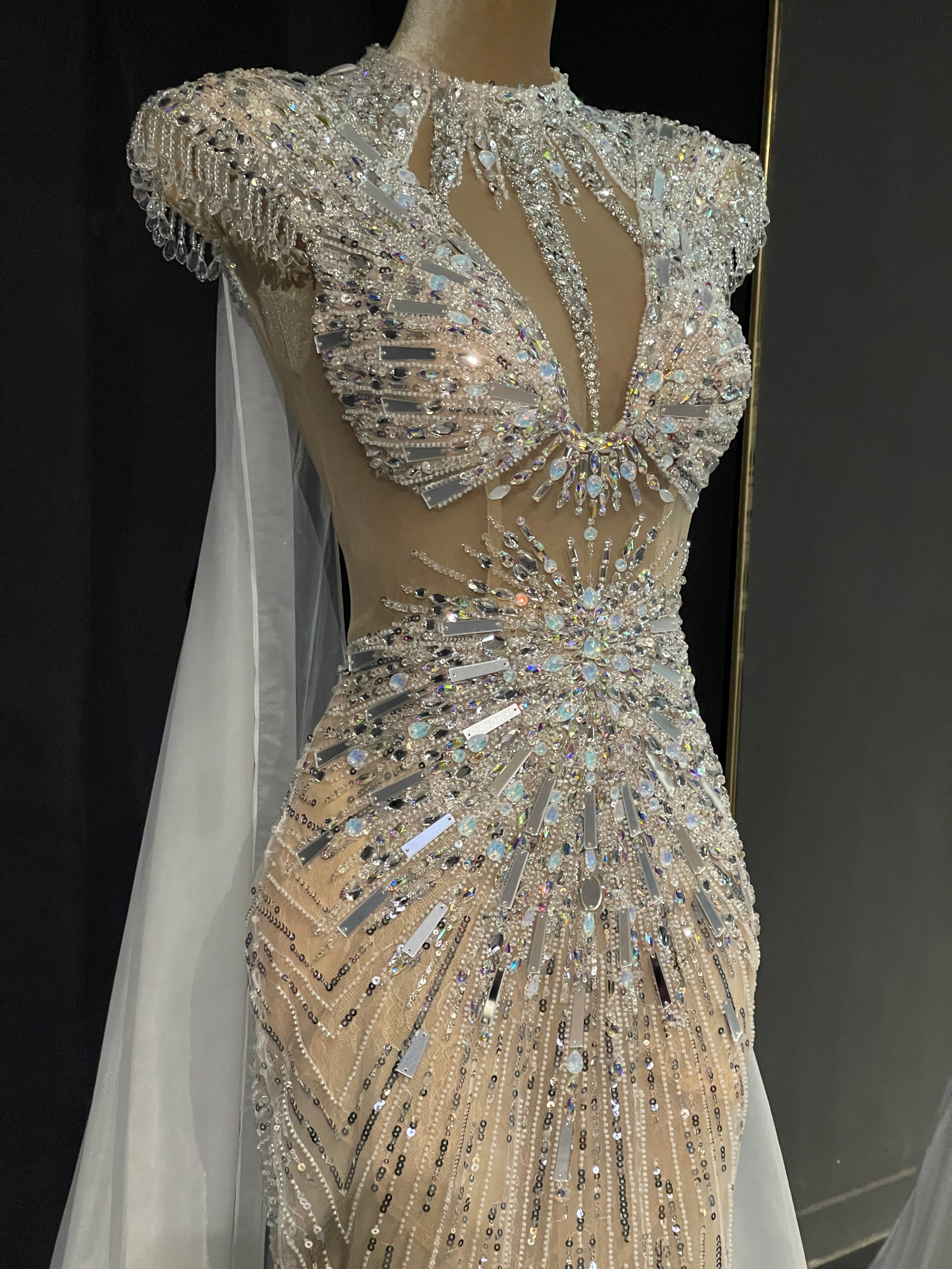 Ivory Crystal Feather-Shoulder Pageant Gown