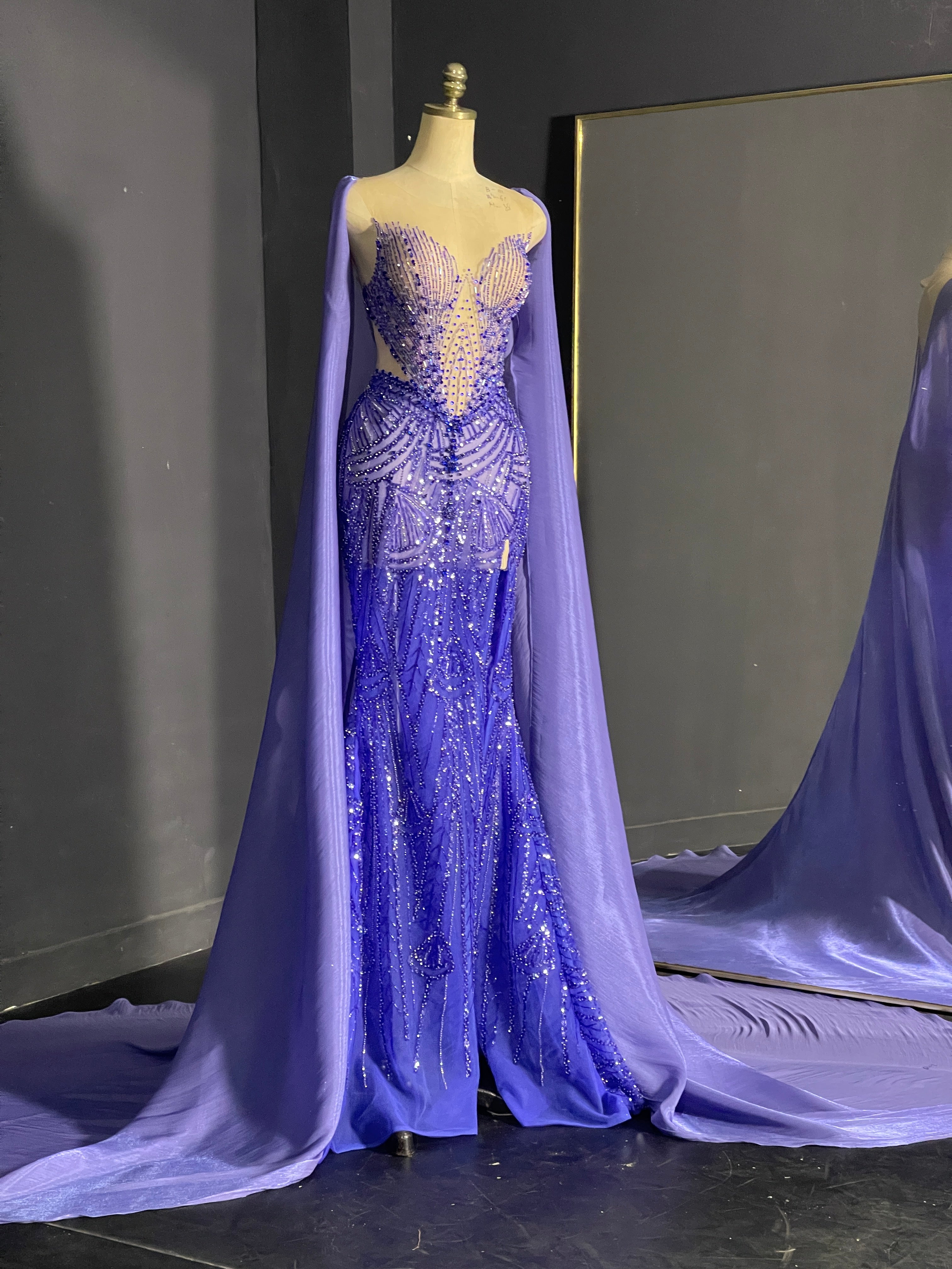 Purple and Blue Crystal Evening Gown