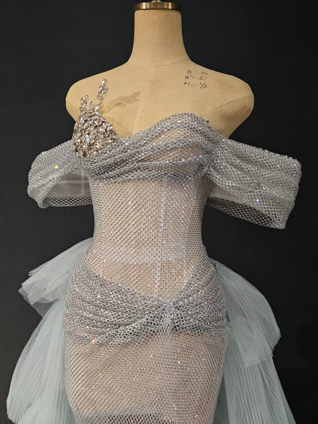Silver White Ruffle Tiered Evening Gown