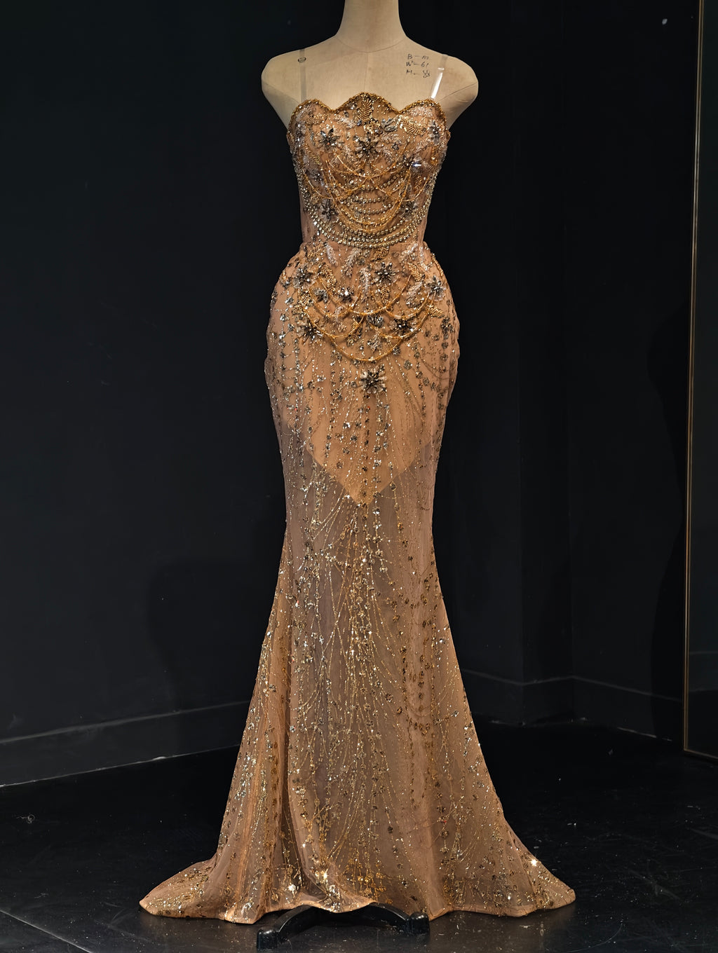 Champagne Gold Crystal Cape and Train Evening Gown