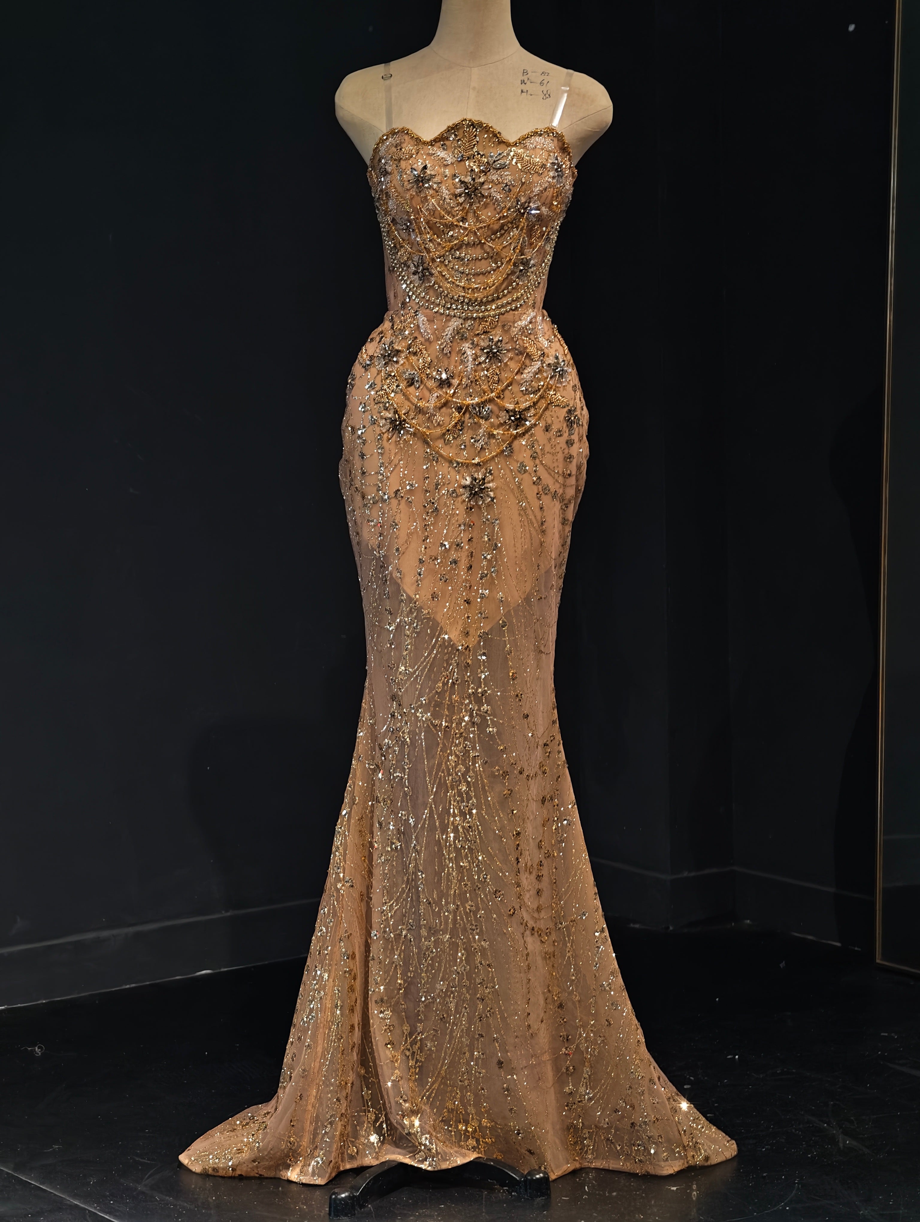 Champagne Gold Crystal Cape and Train Evening Gown