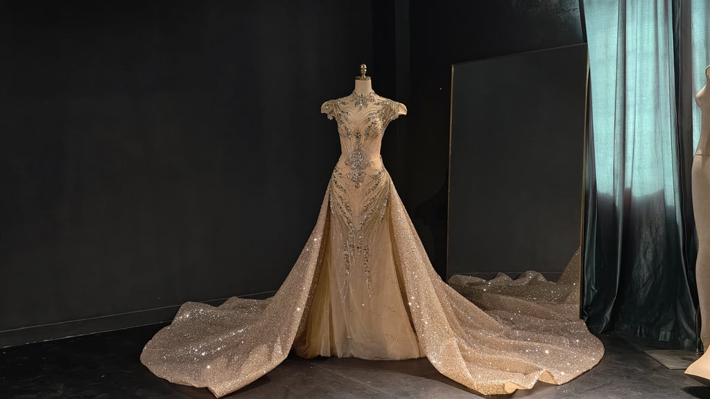 Champagne Rose Mermaid Crystal Train Evening Gown