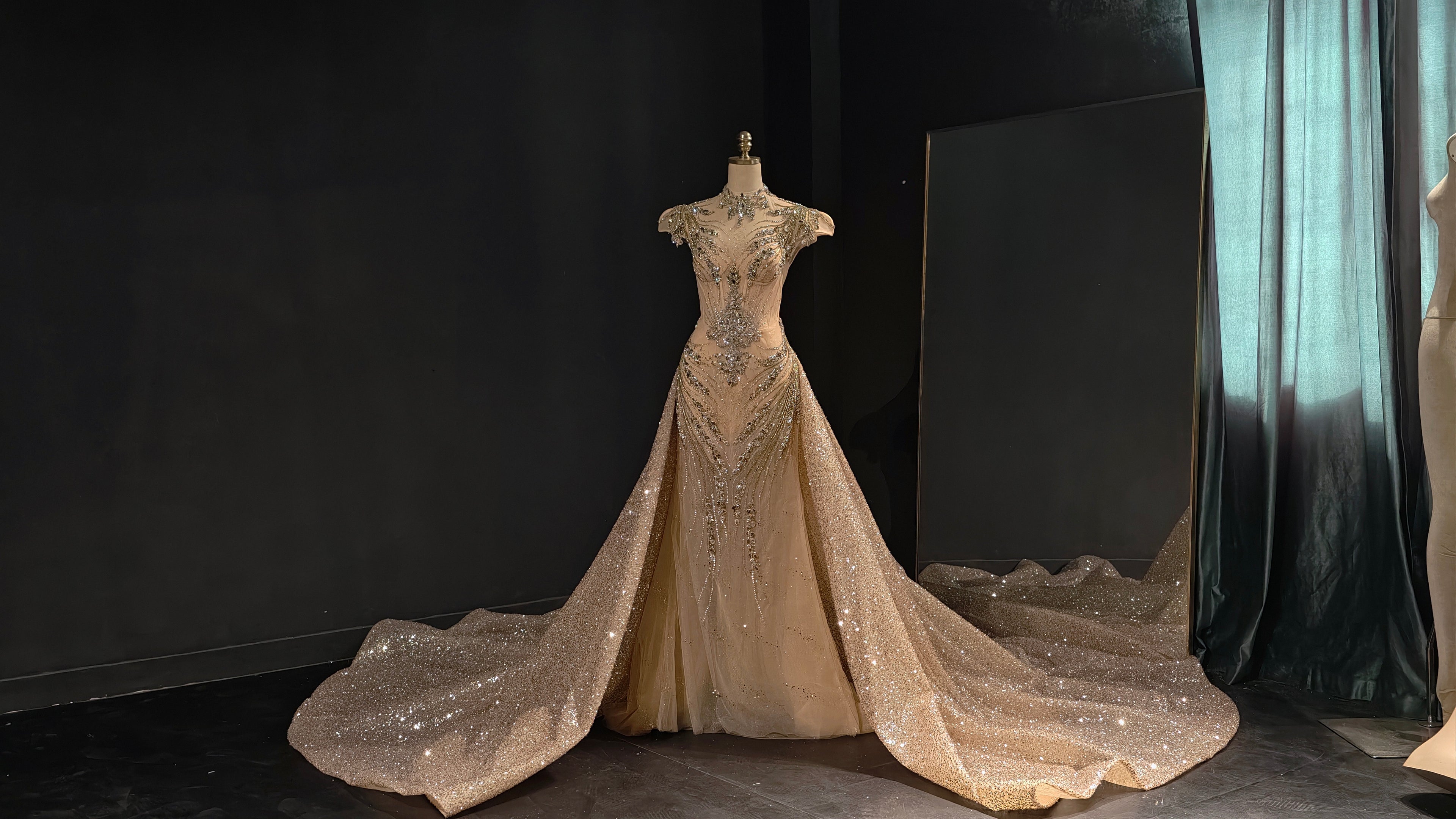 Champagne Rose Mermaid Crystal Train Evening Gown