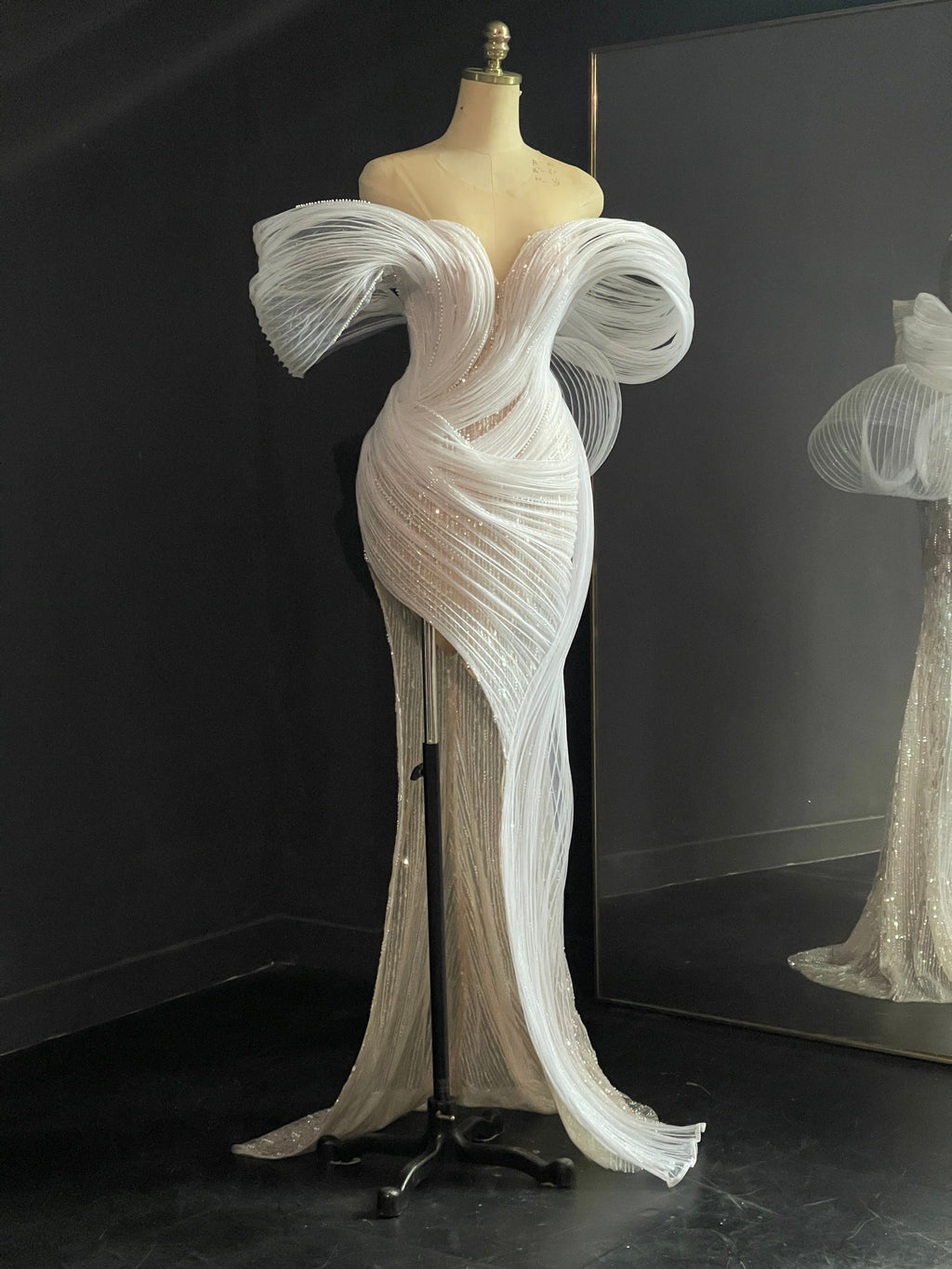 White Sculptural Bow Evening Gown