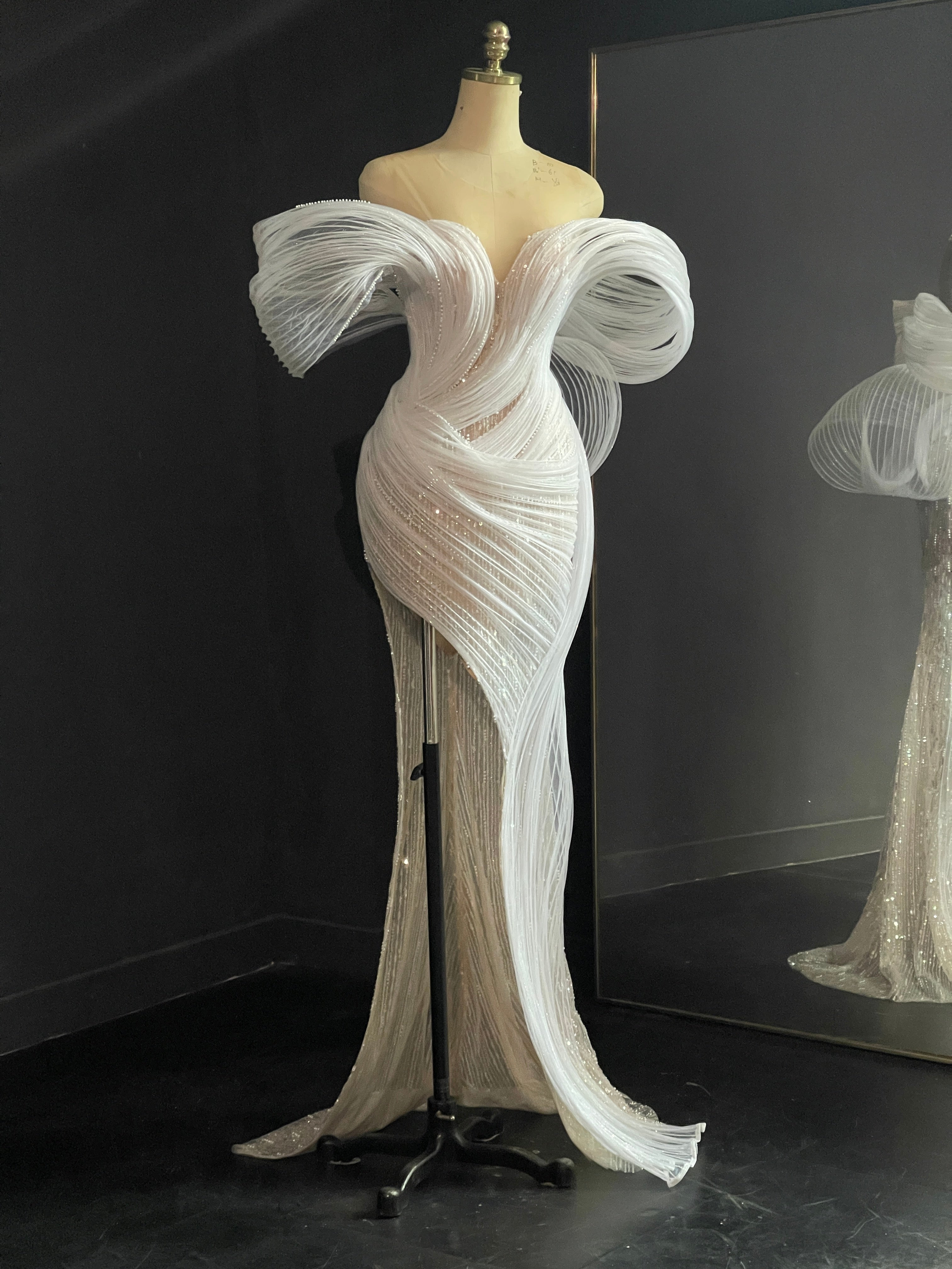 White Sculptural Bow Evening Gown