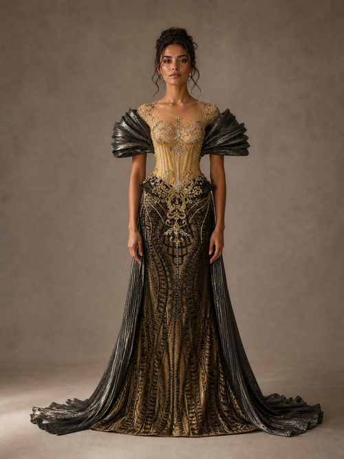 Black and Gold Mermaid Pleated Sleeves Corset Evening Gown — front full-length hero view (source SKU-076) — reviewed generated product image