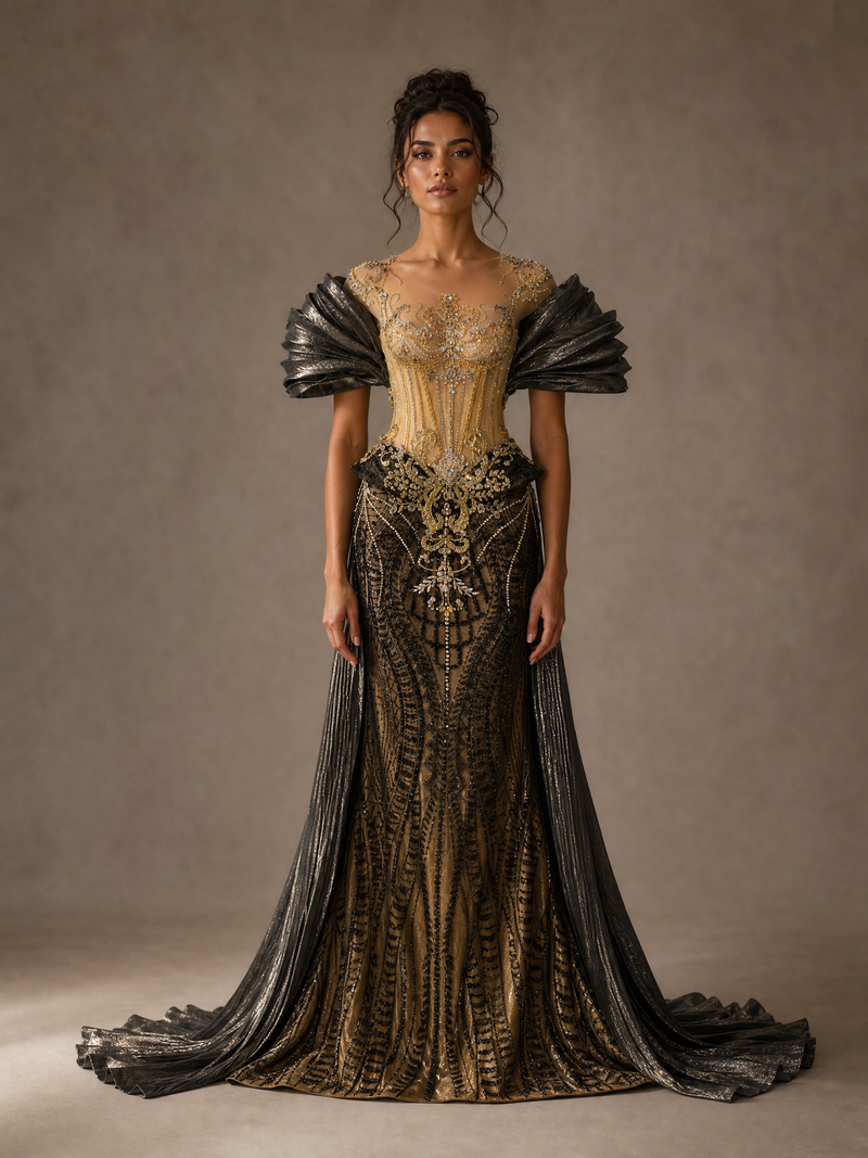 Black and Gold Mermaid Pleated Sleeves Corset Evening Gown — front full-length hero view (source SKU-076) — reviewed generated product image