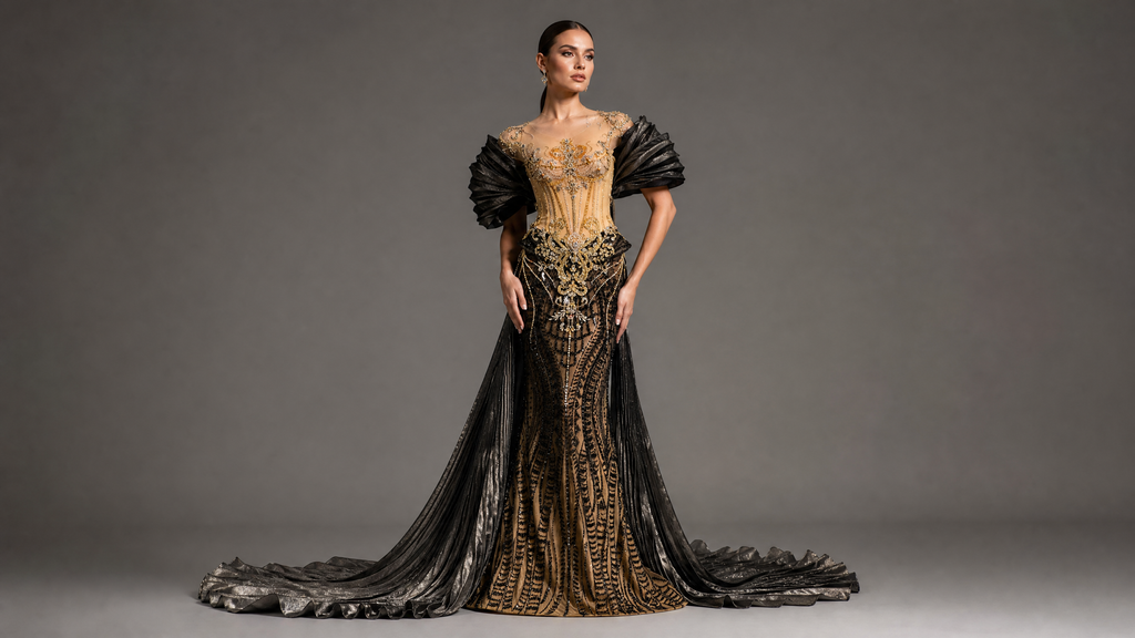 Black and Gold Mermaid Pleated Sleeves Corset Evening Gown — hem and train detail view (source SKU-076) — reviewed generated product image