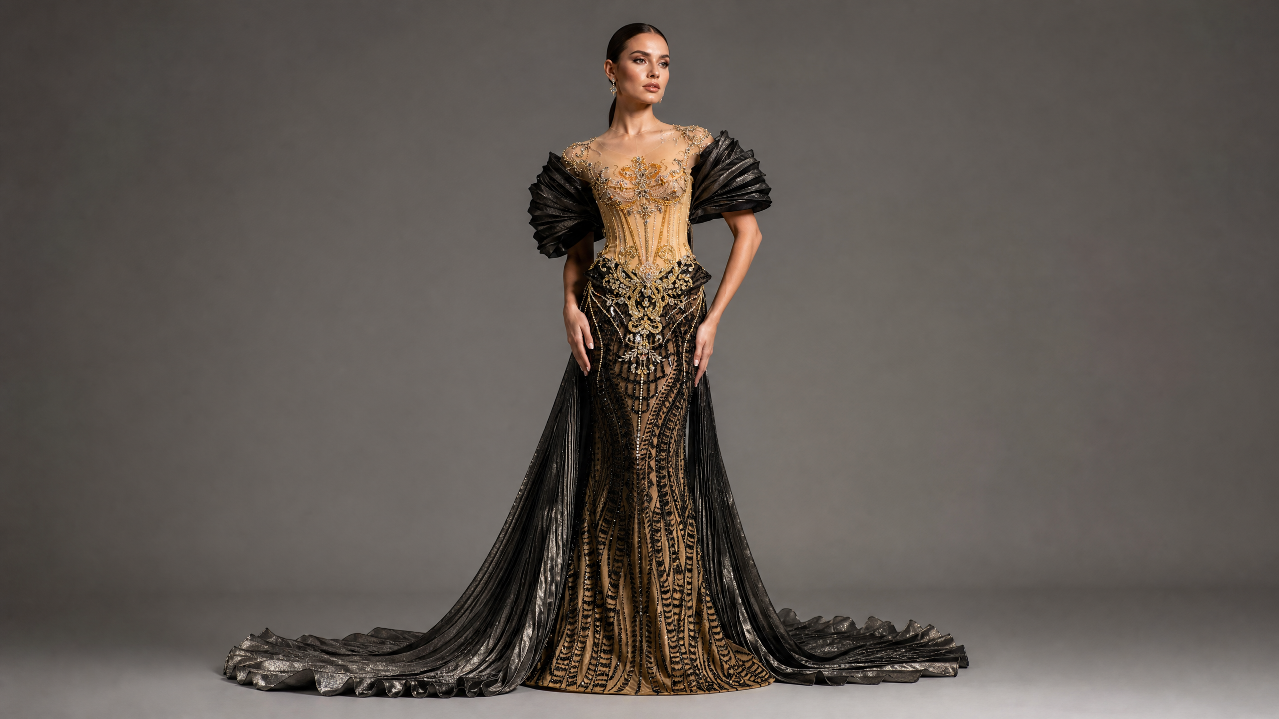 Black and Gold Mermaid Pleated Sleeves Corset Evening Gown — hem and train detail view (source SKU-076) — reviewed generated product image