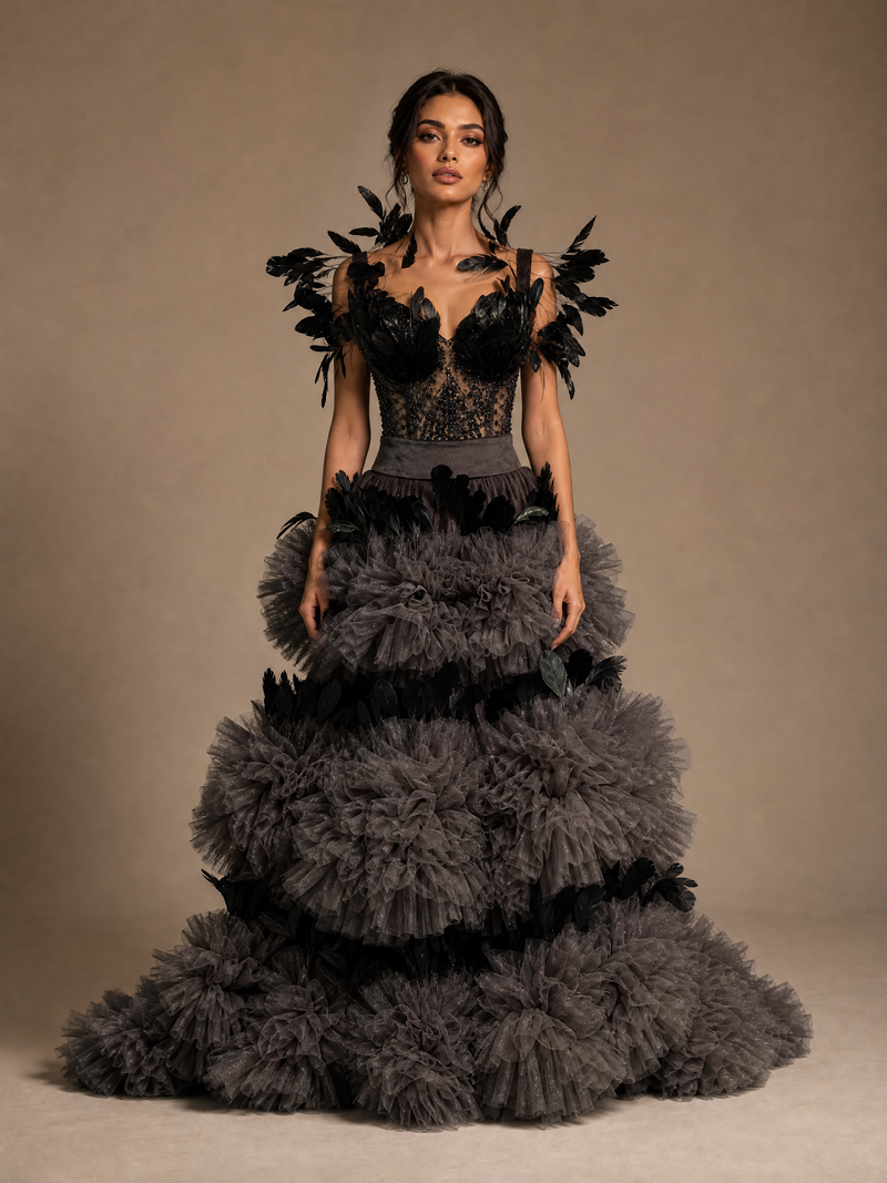 Black and Gray Feather Evening Gown — front full-length hero view (source SKU-085) — reviewed generated product image