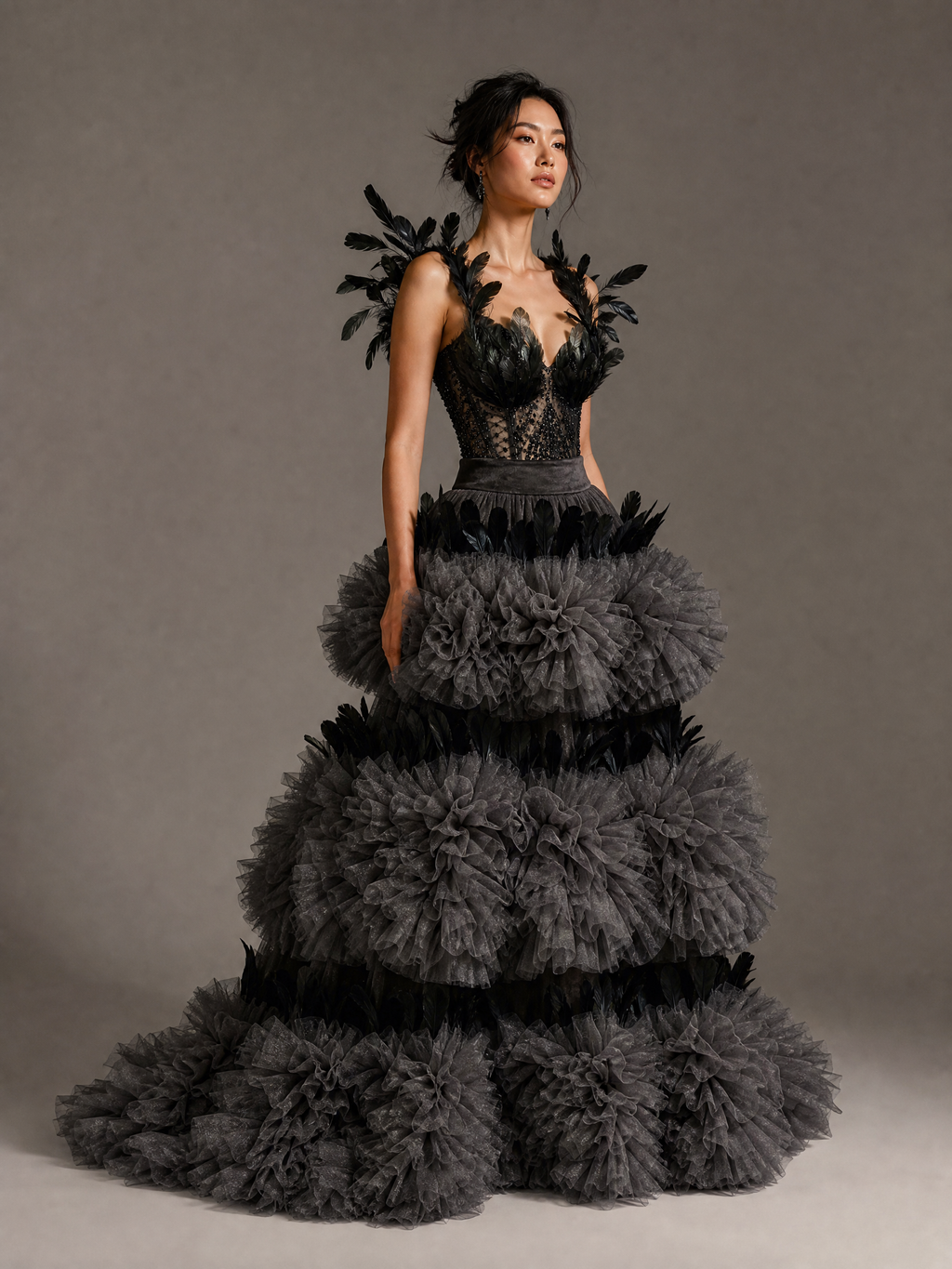 Black and Gray Feather Evening Gown — three-quarter view (source SKU-085) — reviewed generated product image