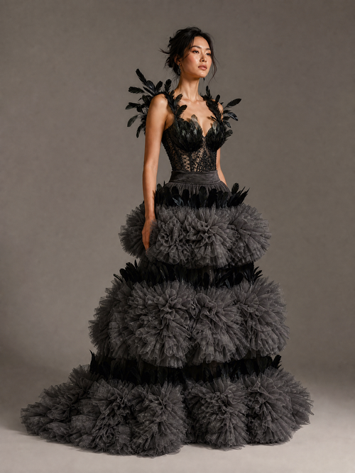 Black and Gray Feather Evening Gown — three-quarter view (source SKU-085) — reviewed generated product image