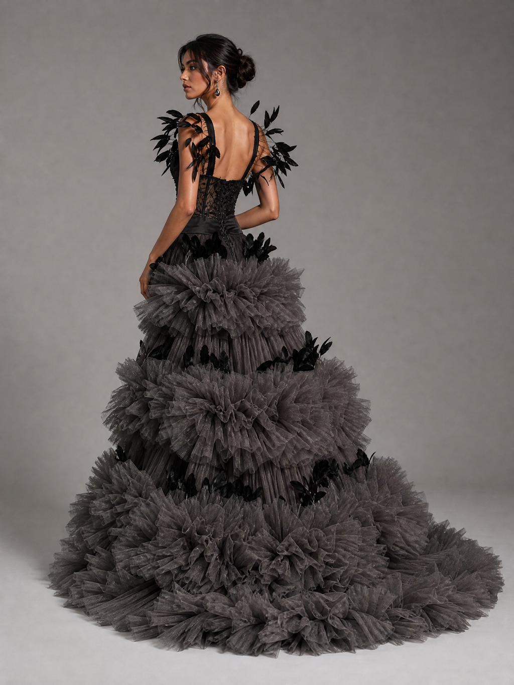 Black and Gray Feather Evening Gown — side or back view (source SKU-085) — reviewed generated product image
