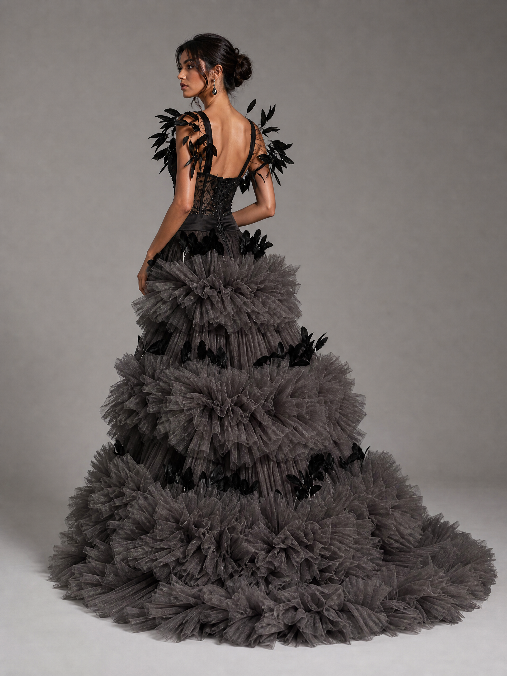 Black and Gray Feather Evening Gown — side or back view (source SKU-085) — reviewed generated product image