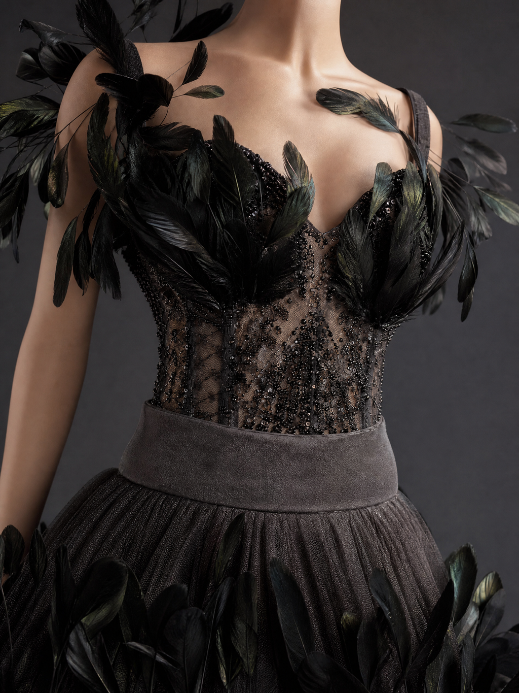 Black and Gray Feather Evening Gown — couture detail view (source SKU-085) — reviewed generated product image