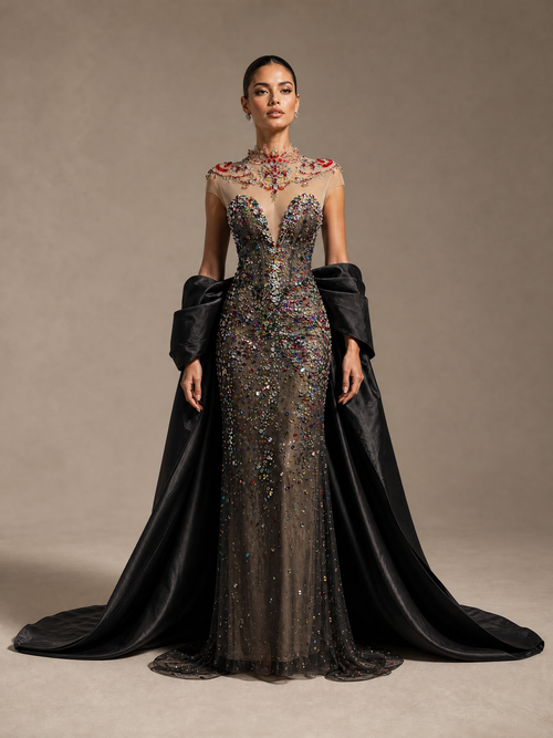 Black Crystal Cape Evening Gown — front full-length hero view (source SKU-097) — reviewed generated product image