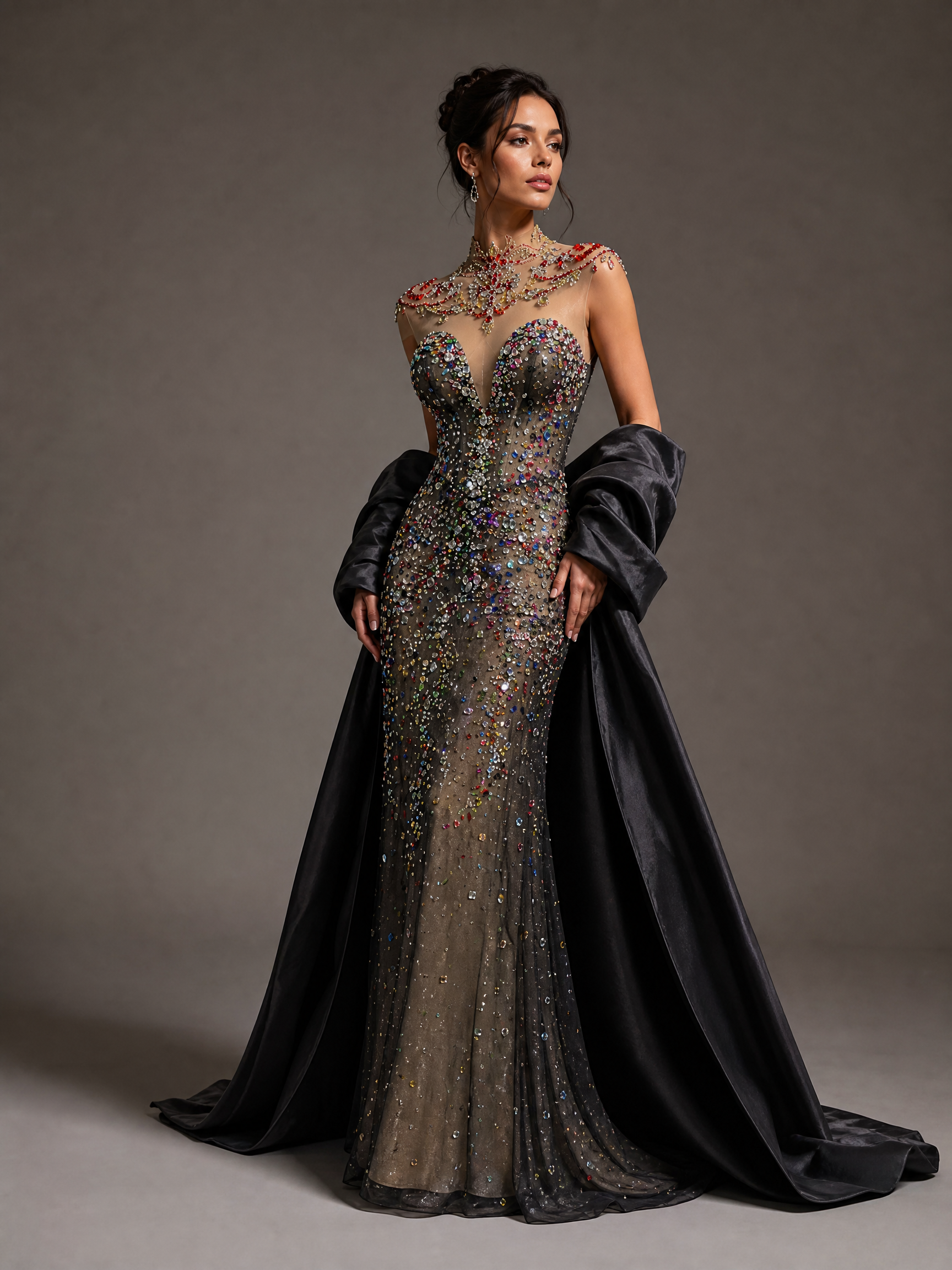 Black Crystal Cape Evening Gown — three-quarter view (source SKU-097) — reviewed generated product image