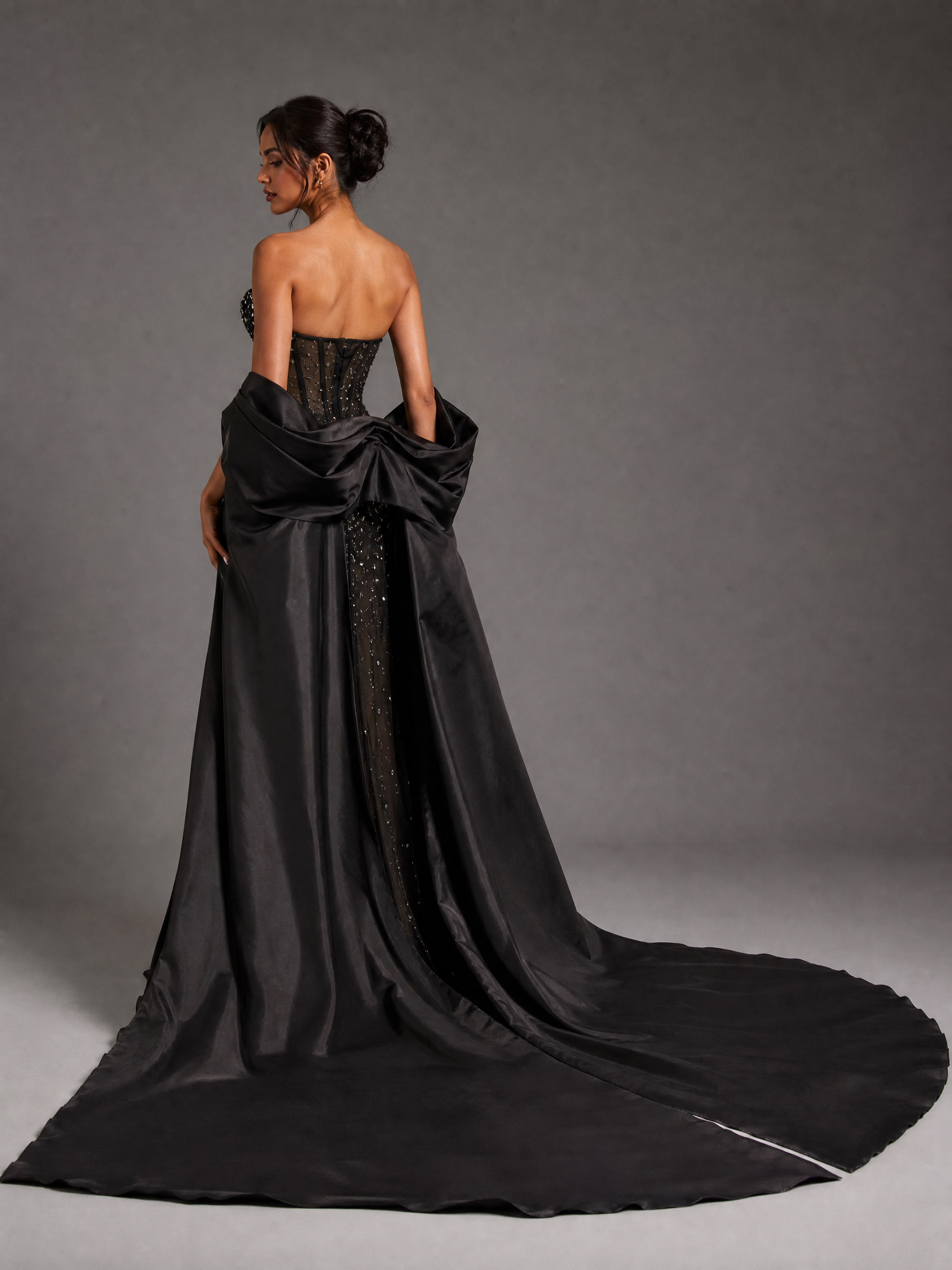 Black Crystal Cape Evening Gown — side or back view (source SKU-097) — reviewed generated product image