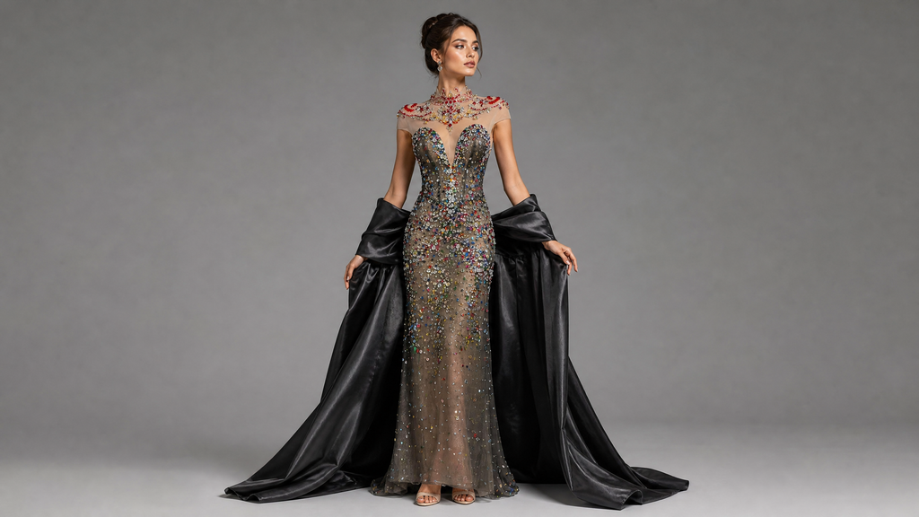 Black Crystal Cape Evening Gown — hem and train detail view (source SKU-097) — reviewed generated product image