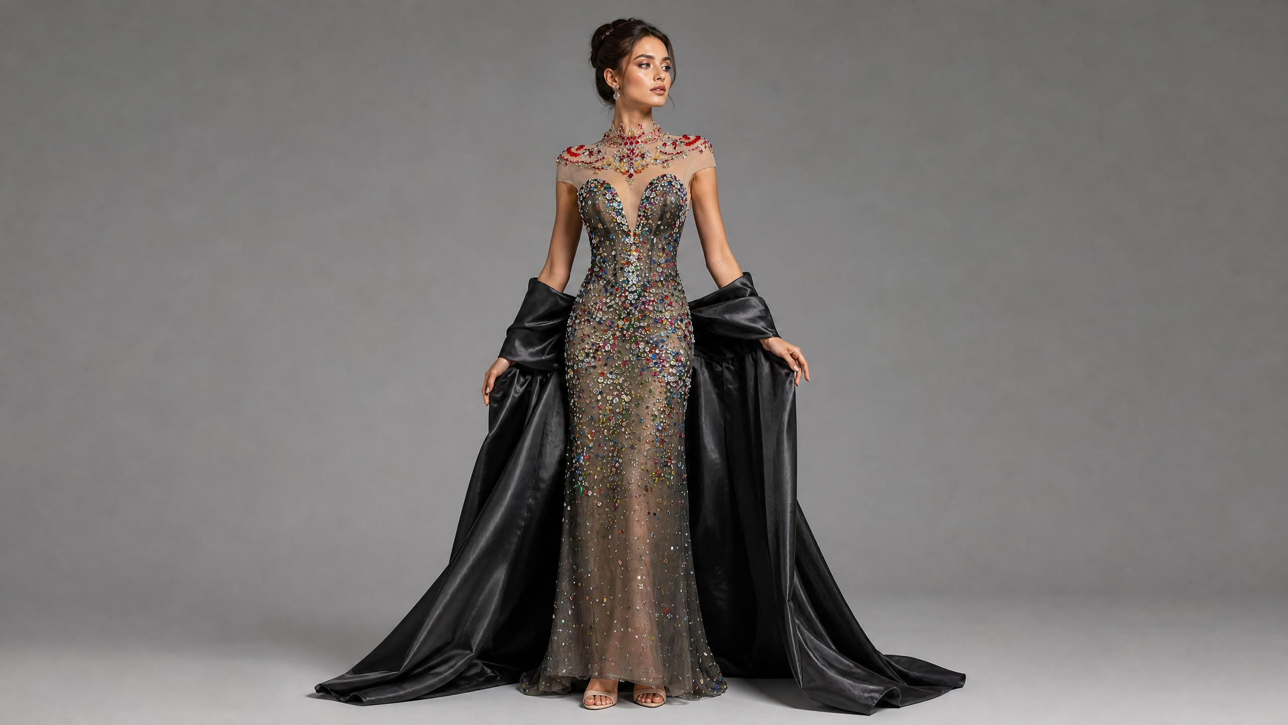 Black Crystal Cape Evening Gown — hem and train detail view (source SKU-097) — reviewed generated product image