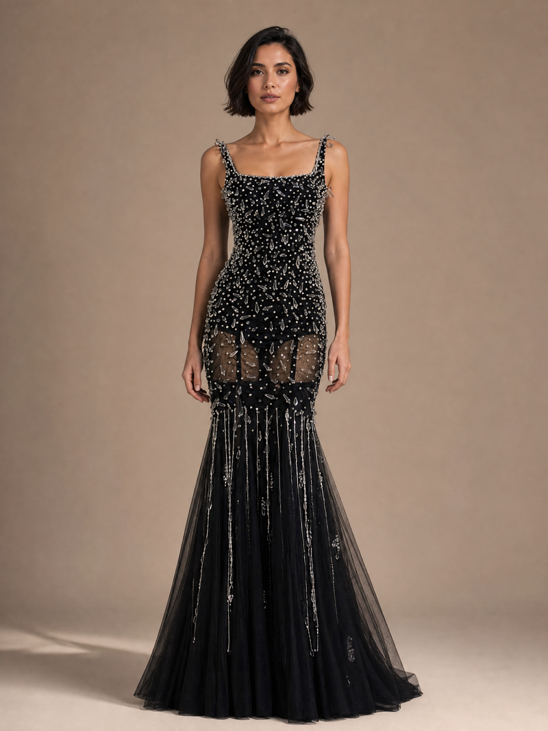 Black Mermaid Crystal Evening Gown — front full-length hero view (source SKU-090) — reviewed generated product image
